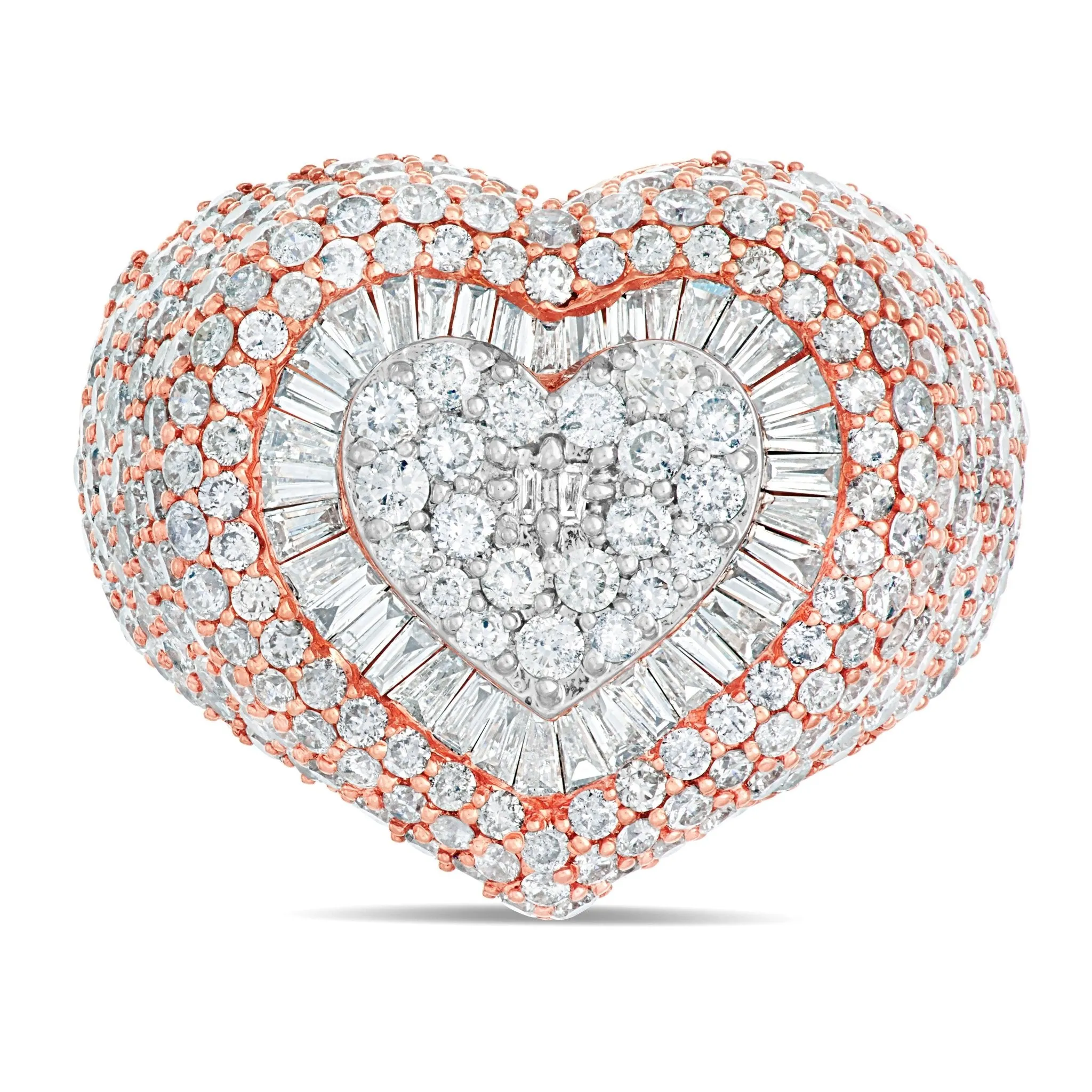 10K Rose Gold 5.25ct Baguette Bilevel Heart Diamond Statement Ring