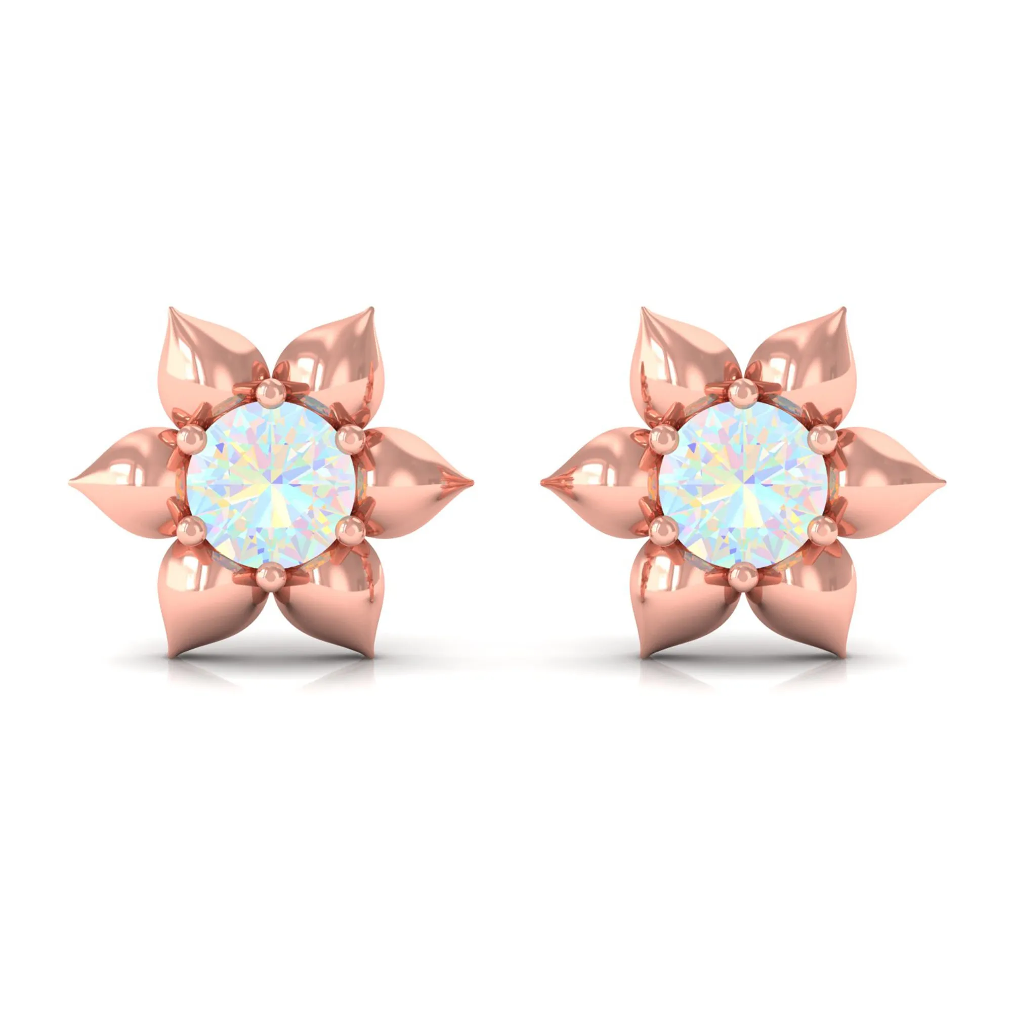 1/2 CT Round Ethiopian Opal Gold Flower Stud Earrings