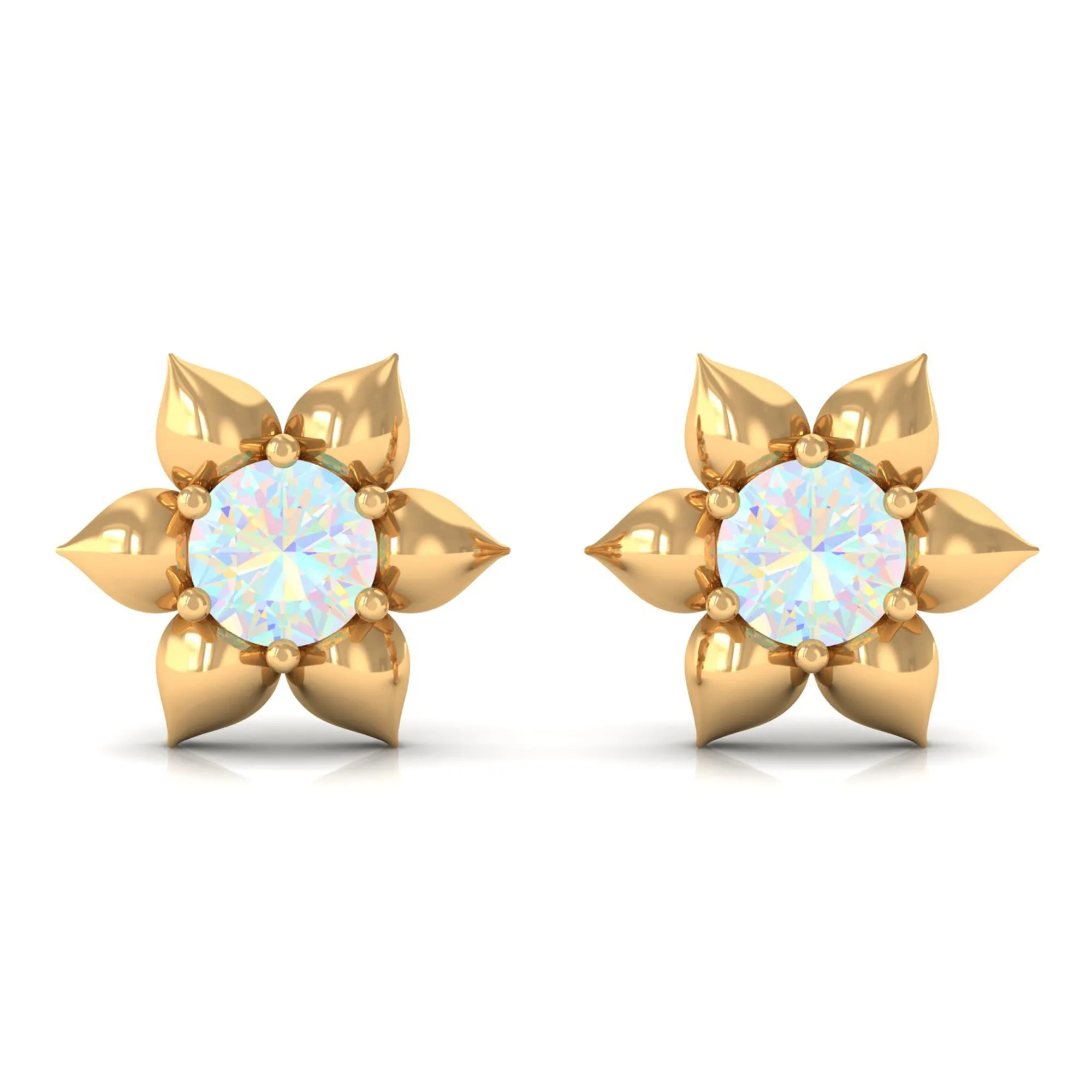 1/2 CT Round Ethiopian Opal Gold Flower Stud Earrings
