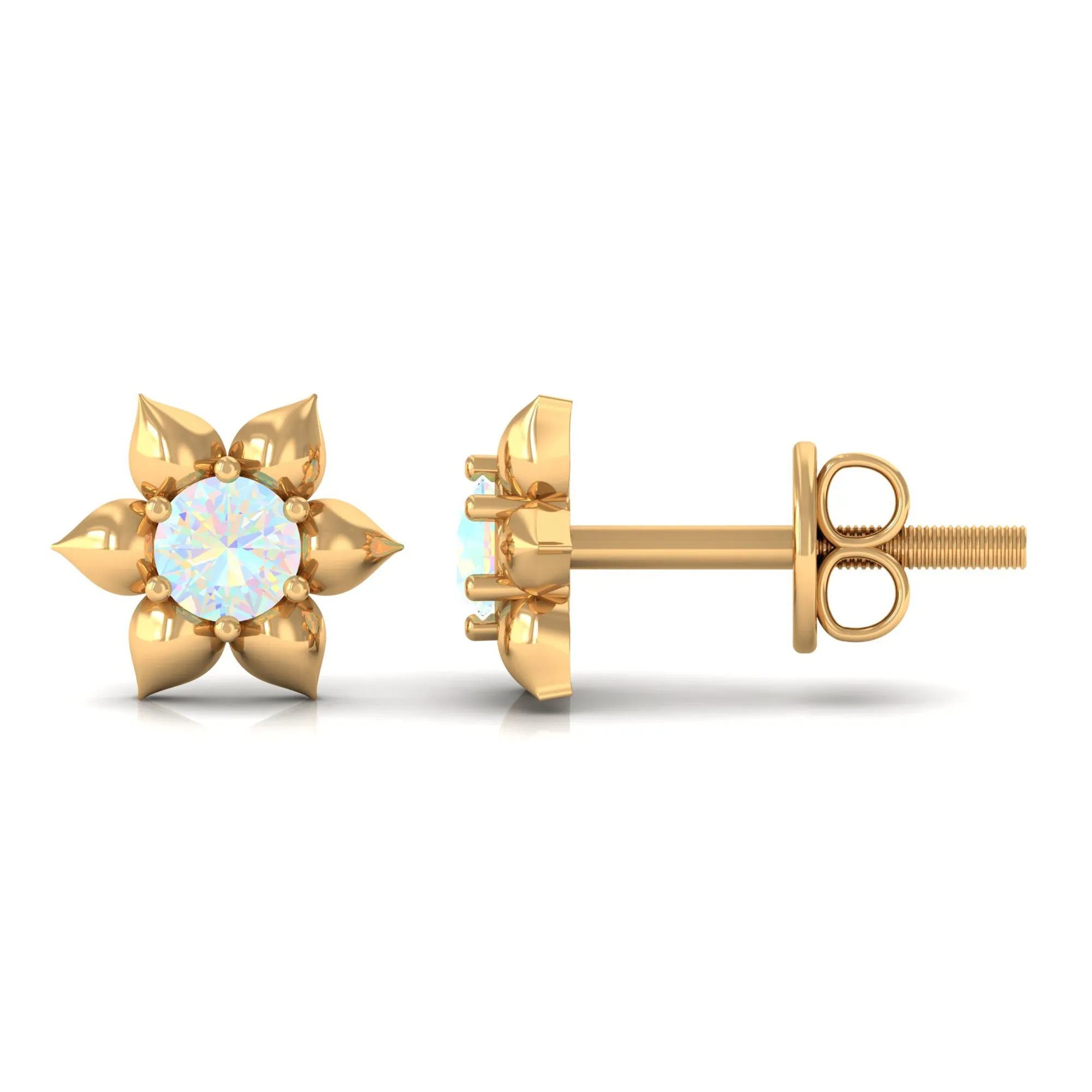 1/2 CT Round Ethiopian Opal Gold Flower Stud Earrings