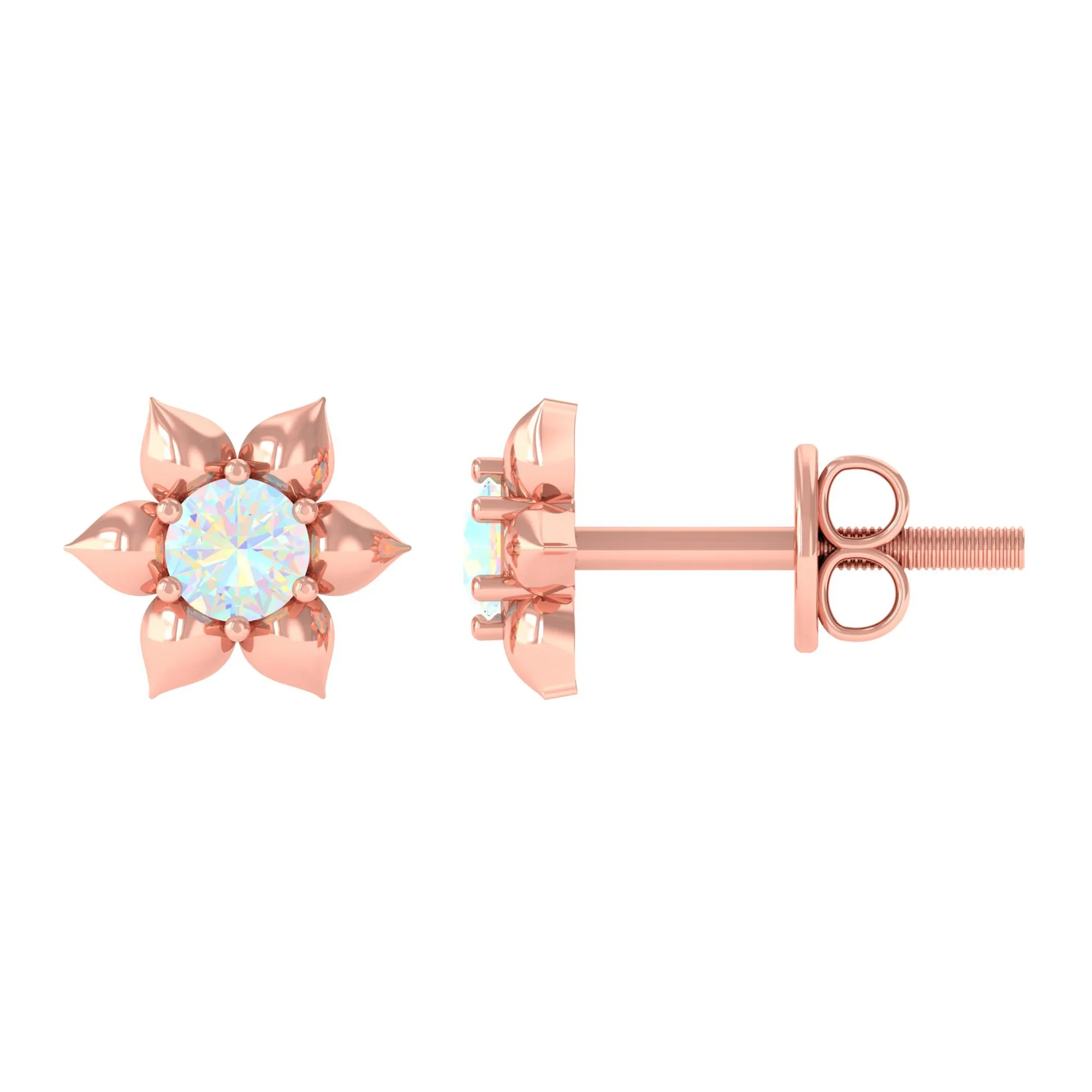 1/2 CT Round Ethiopian Opal Gold Flower Stud Earrings