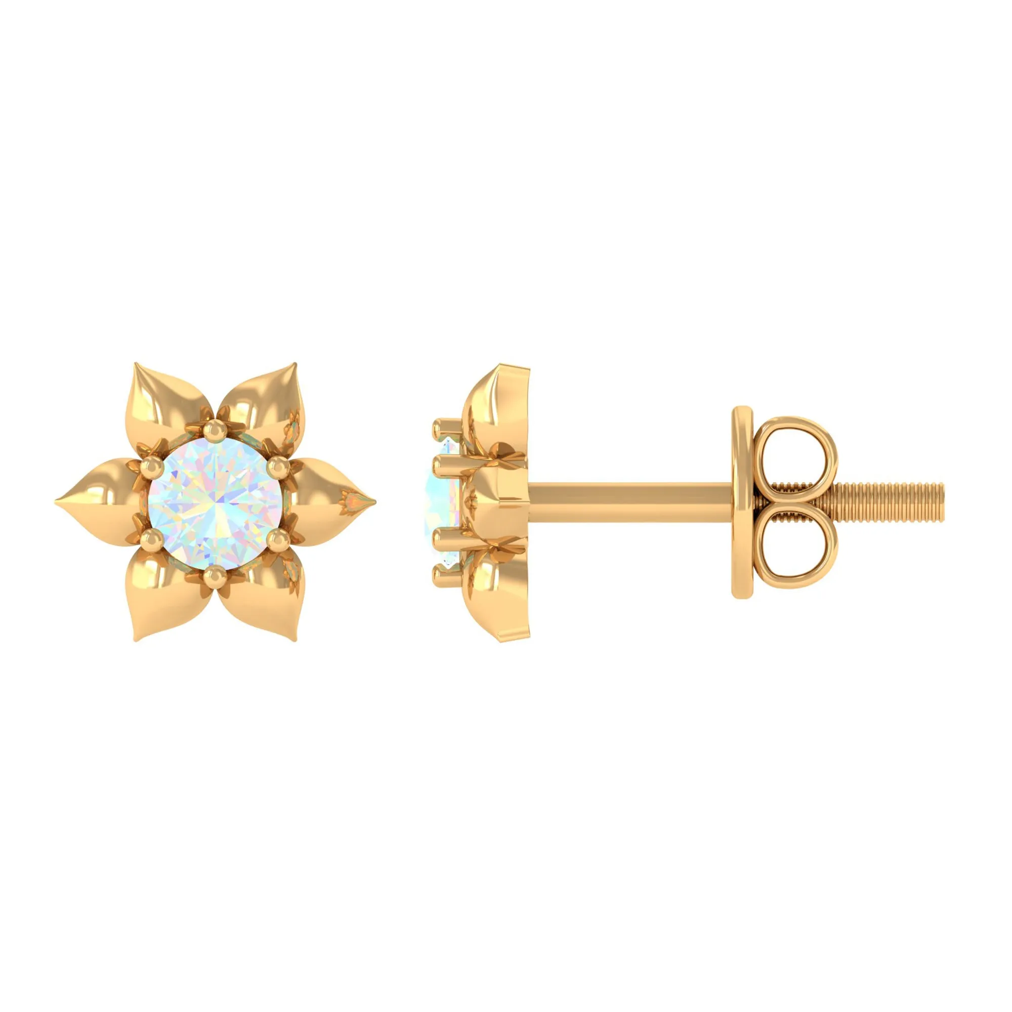 1/2 CT Round Ethiopian Opal Gold Flower Stud Earrings