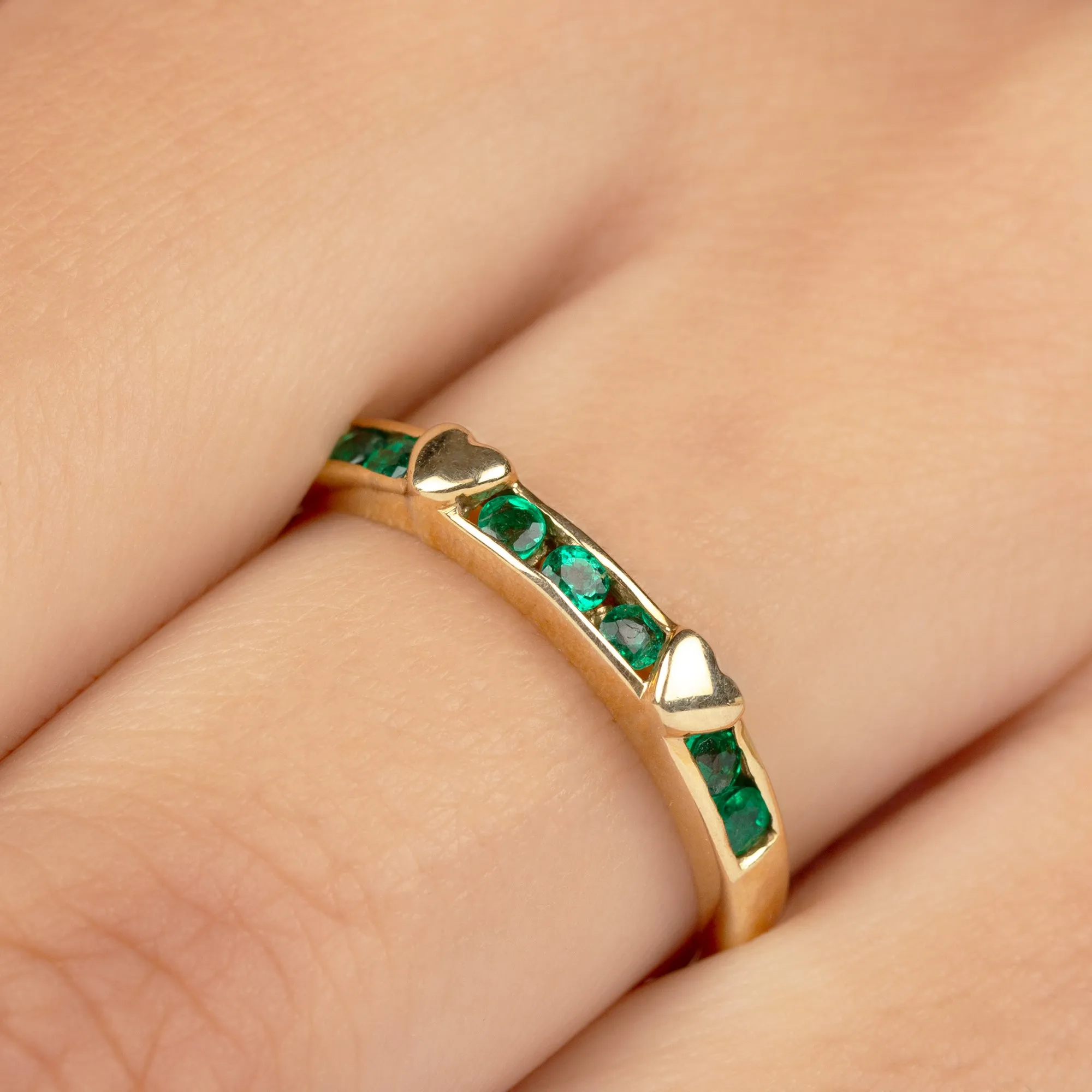 1/4 CT Channel Set Emerald and Gold Heart Stackable Ring for Women