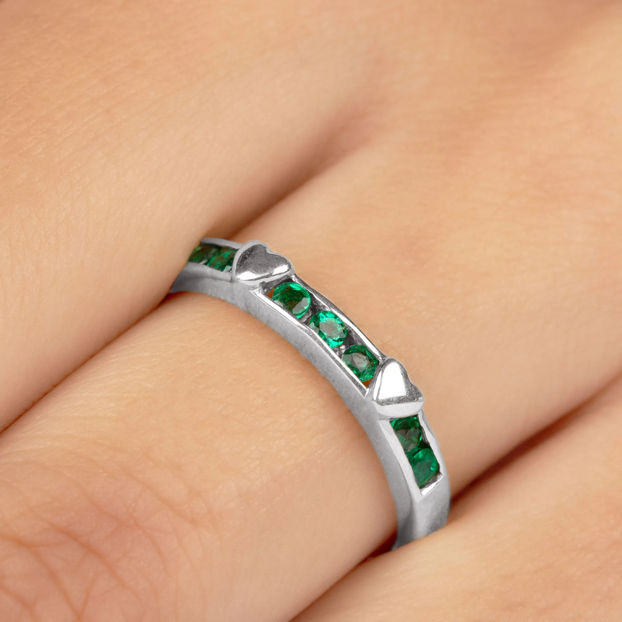 1/4 CT Channel Set Emerald and Gold Heart Stackable Ring for Women