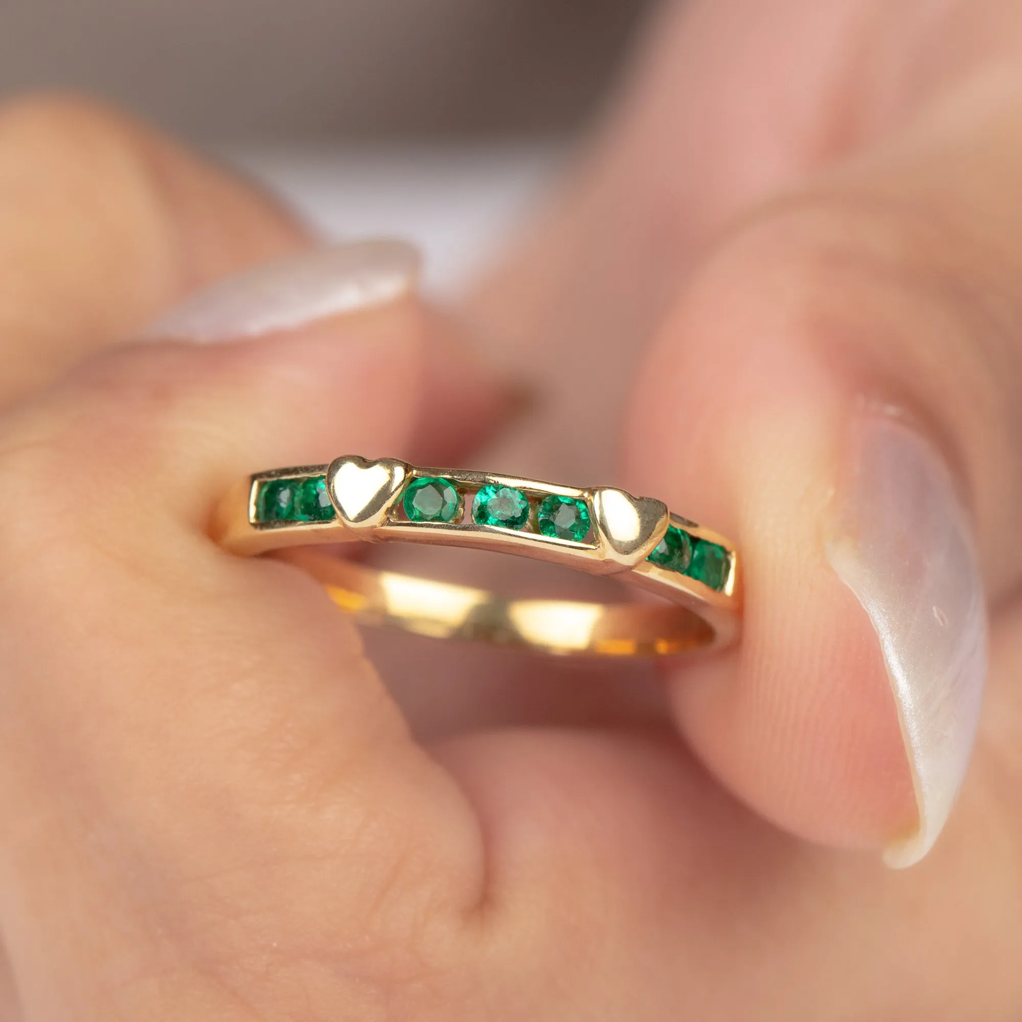 1/4 CT Channel Set Emerald and Gold Heart Stackable Ring for Women