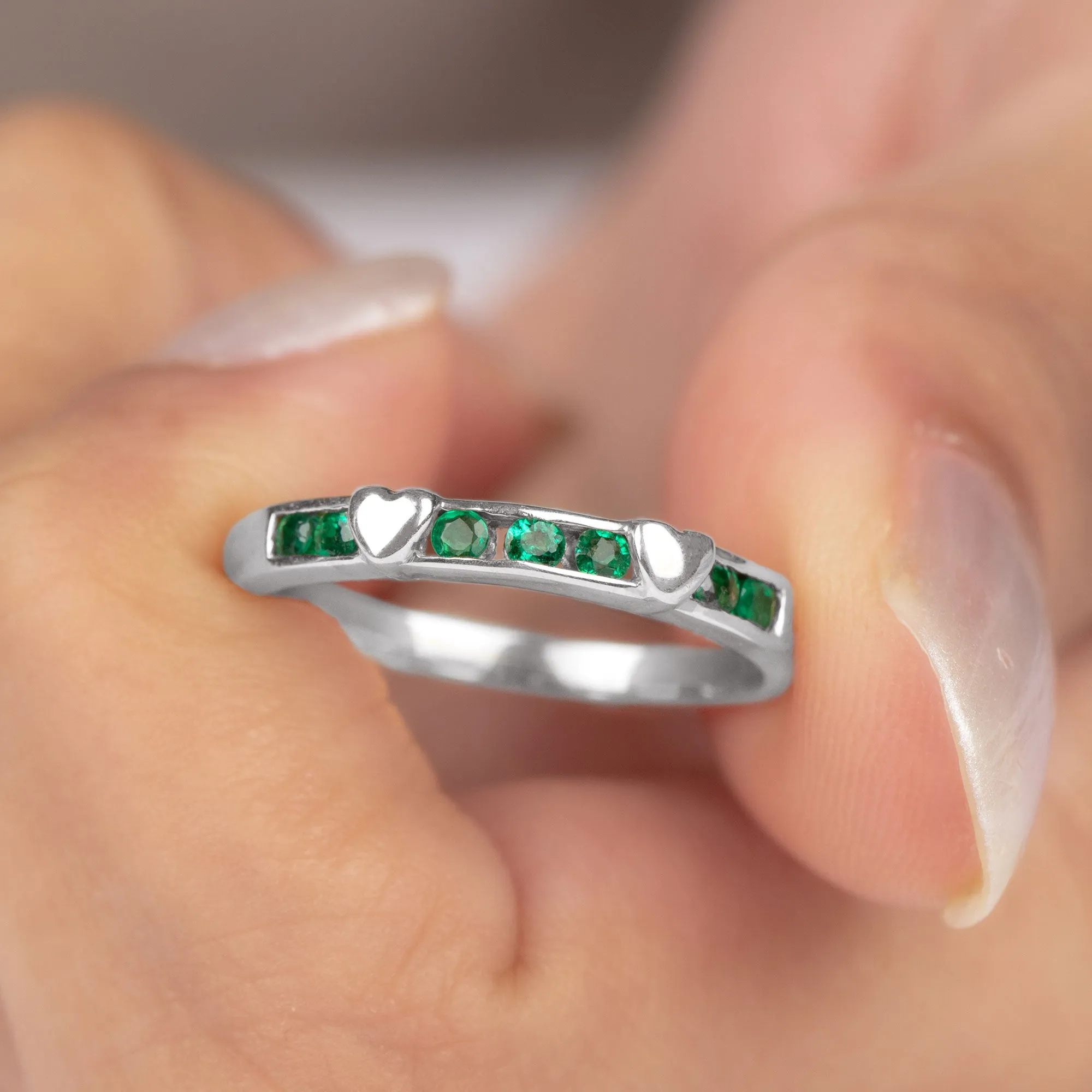 1/4 CT Channel Set Emerald and Gold Heart Stackable Ring for Women