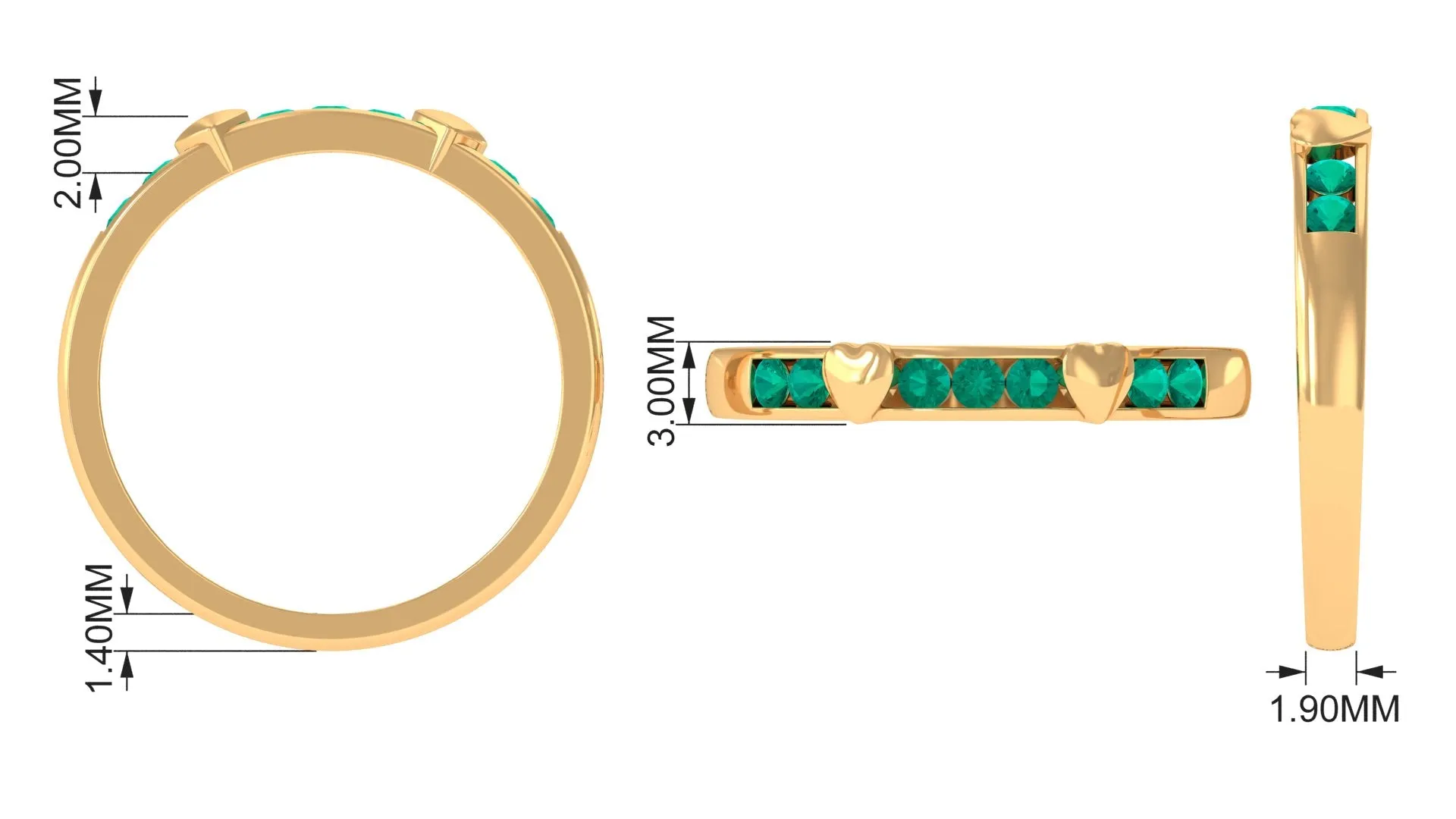 1/4 CT Channel Set Emerald and Gold Heart Stackable Ring for Women