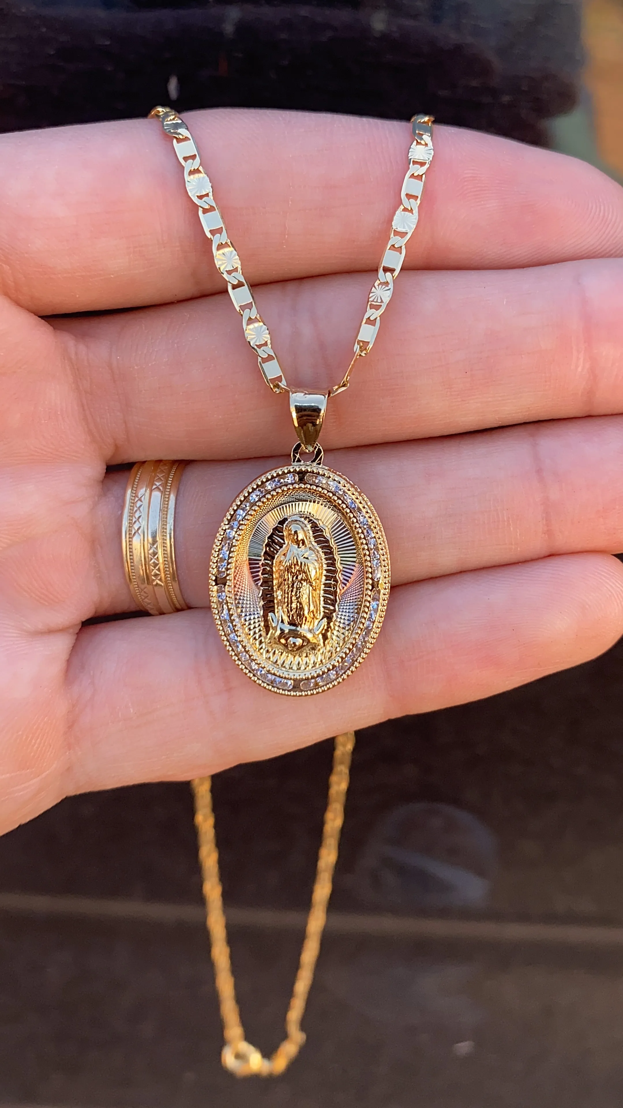 14K Gold Filled Virgen de Guadalupe Necklace CZ Valentino Chain Virgin Mary Pendant 20"