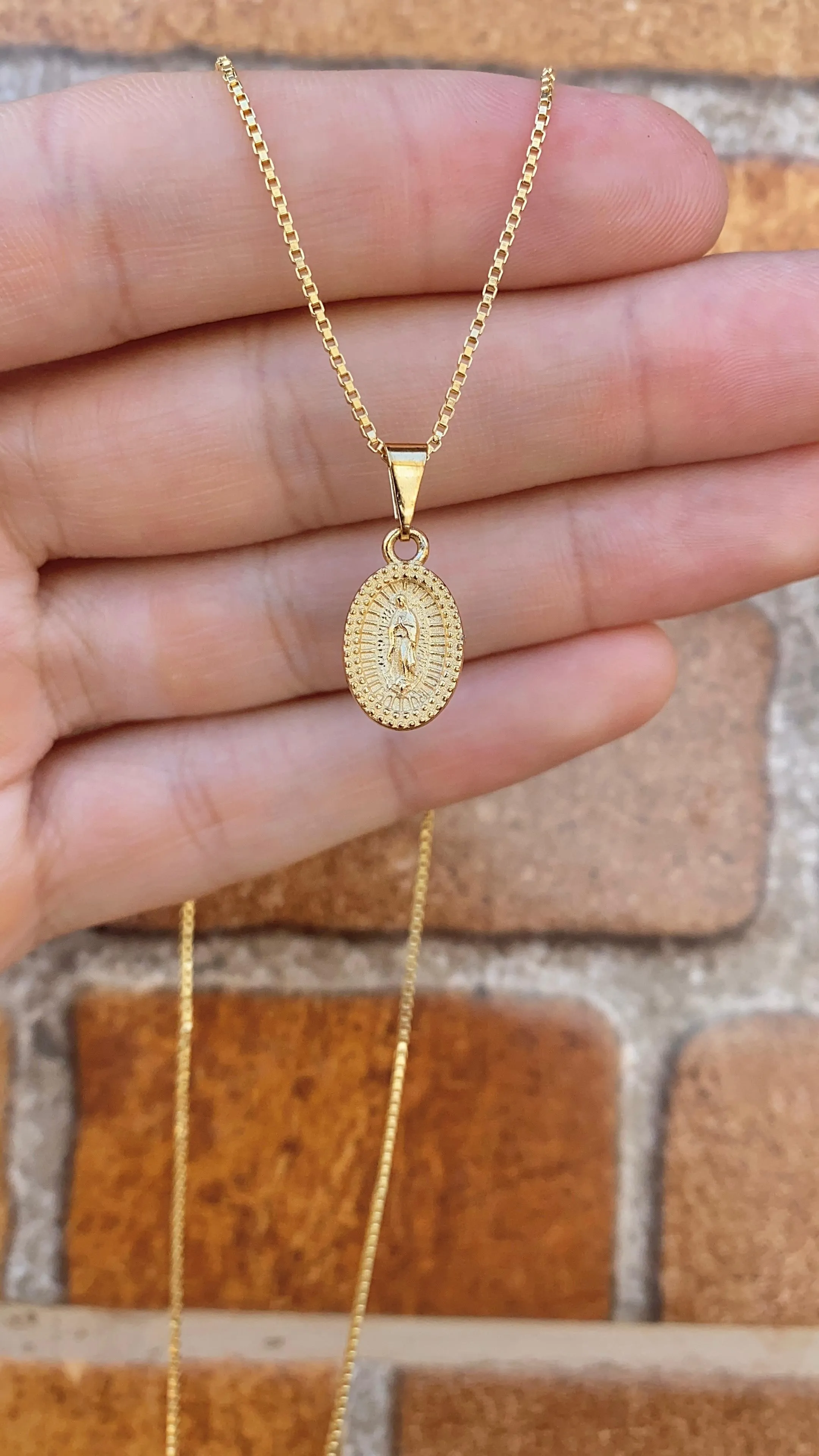 14K Gold Filled Virgen de Guadalupe Necklace Pendant Everyday Box Link Youth Toddler