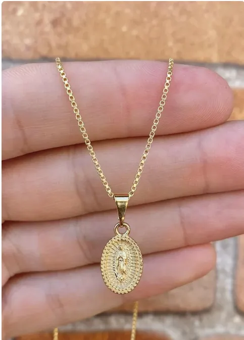 14K Gold Filled Virgen de Guadalupe Necklace Pendant Everyday Box Link Youth Toddler