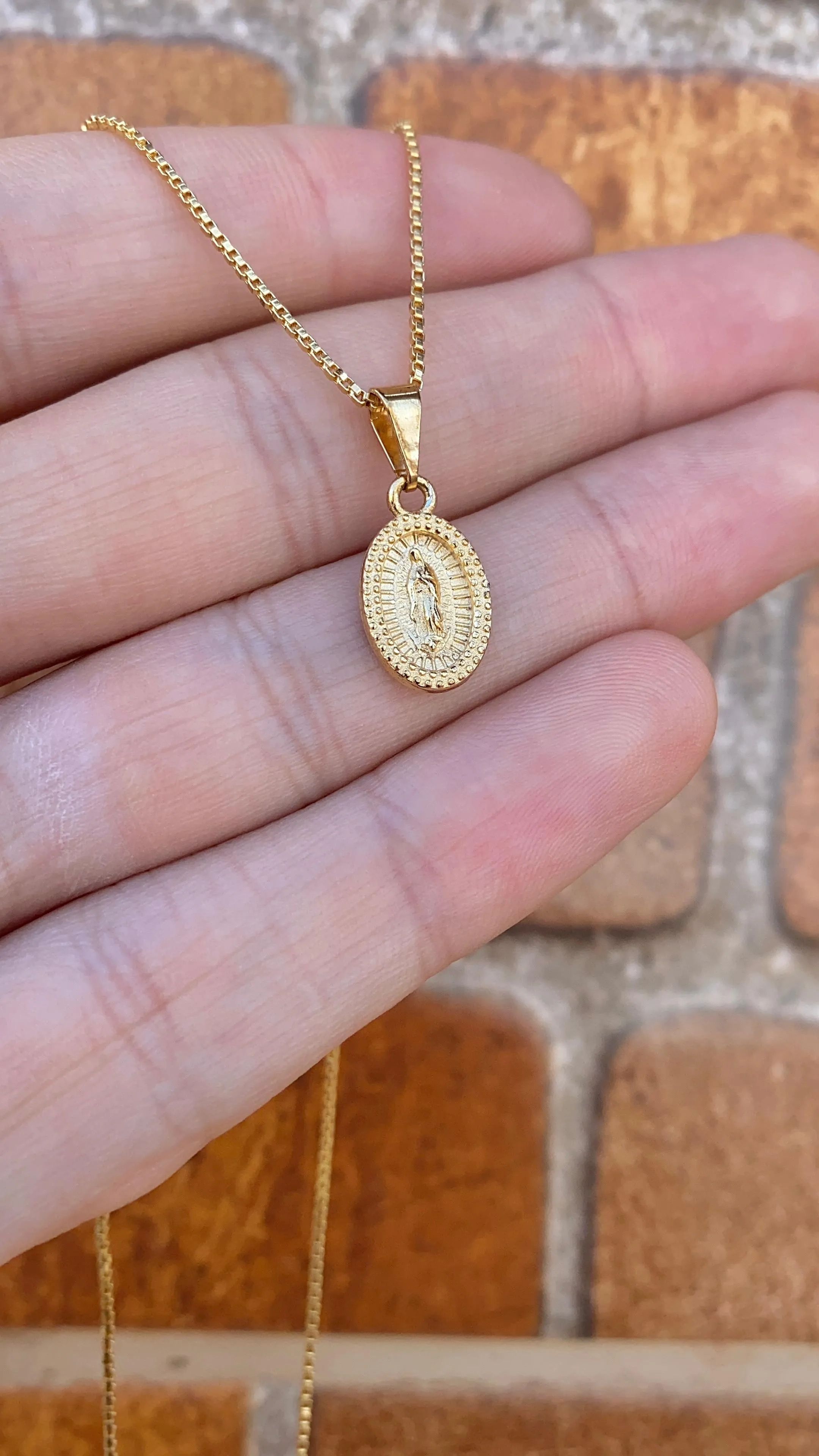 14K Gold Filled Virgen de Guadalupe Necklace Pendant Everyday Box Link Youth Toddler
