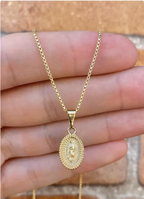 14K Gold Filled Virgen de Guadalupe Necklace Pendant Everyday Box Link Youth Toddler