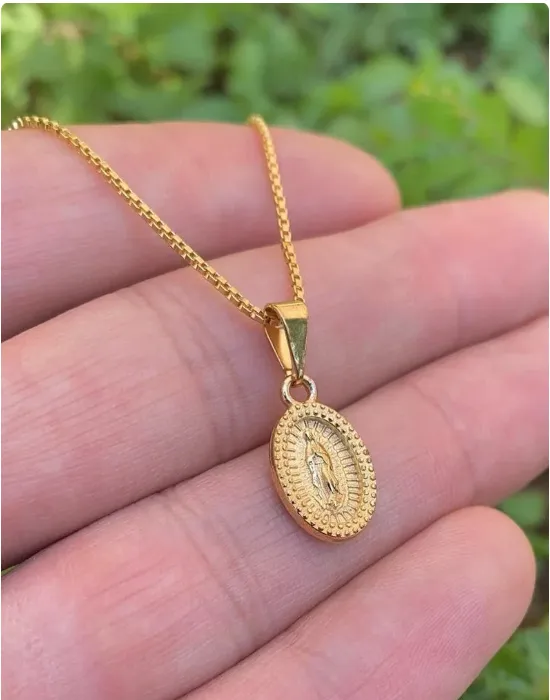 14K Gold Filled Virgen de Guadalupe Necklace Pendant Everyday Box Link Youth Toddler