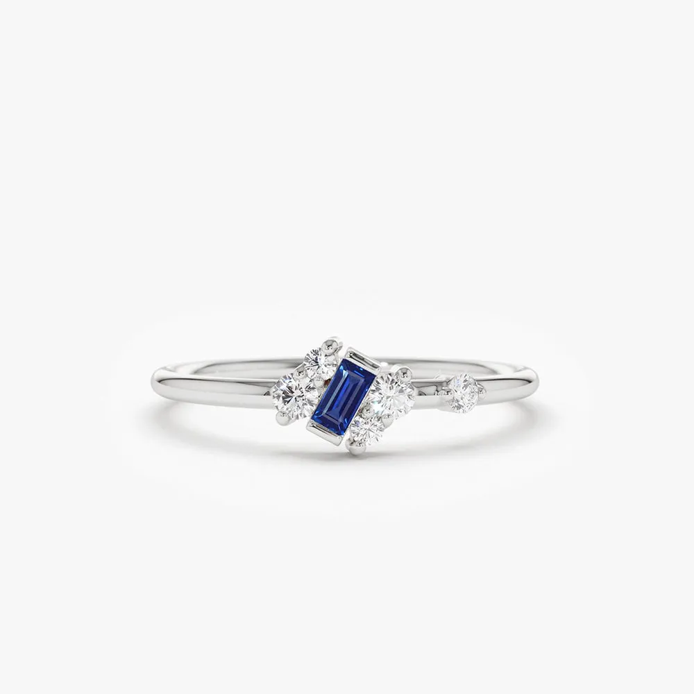 14K Gold Slanted Baguette Sapphire Ring