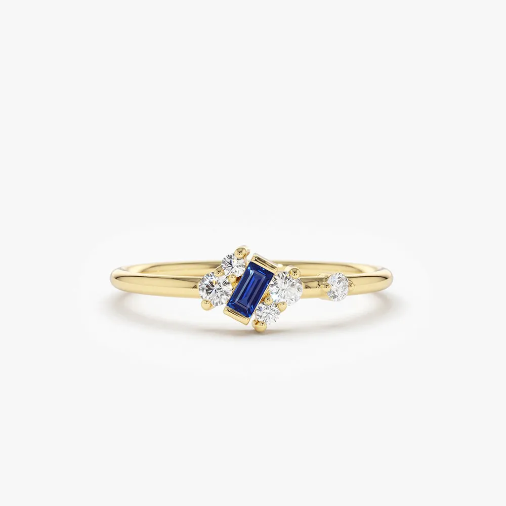 14K Gold Slanted Baguette Sapphire Ring