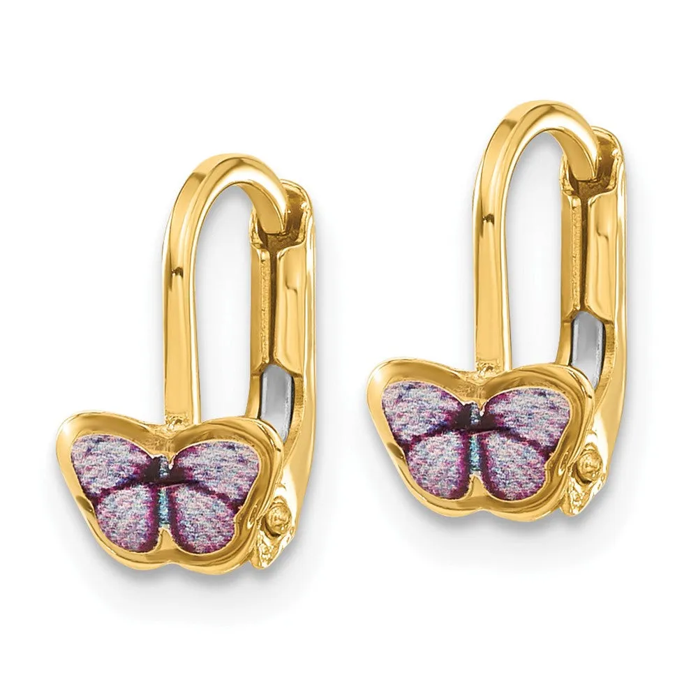 14K Yellow Gold Children's Enamel Butterfly Hoop Earrings