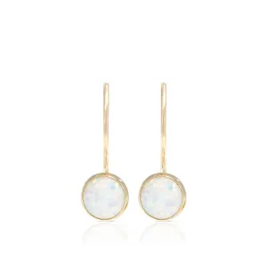 14K Yellow Gold Round White Opal 4mm Dangle Earrings