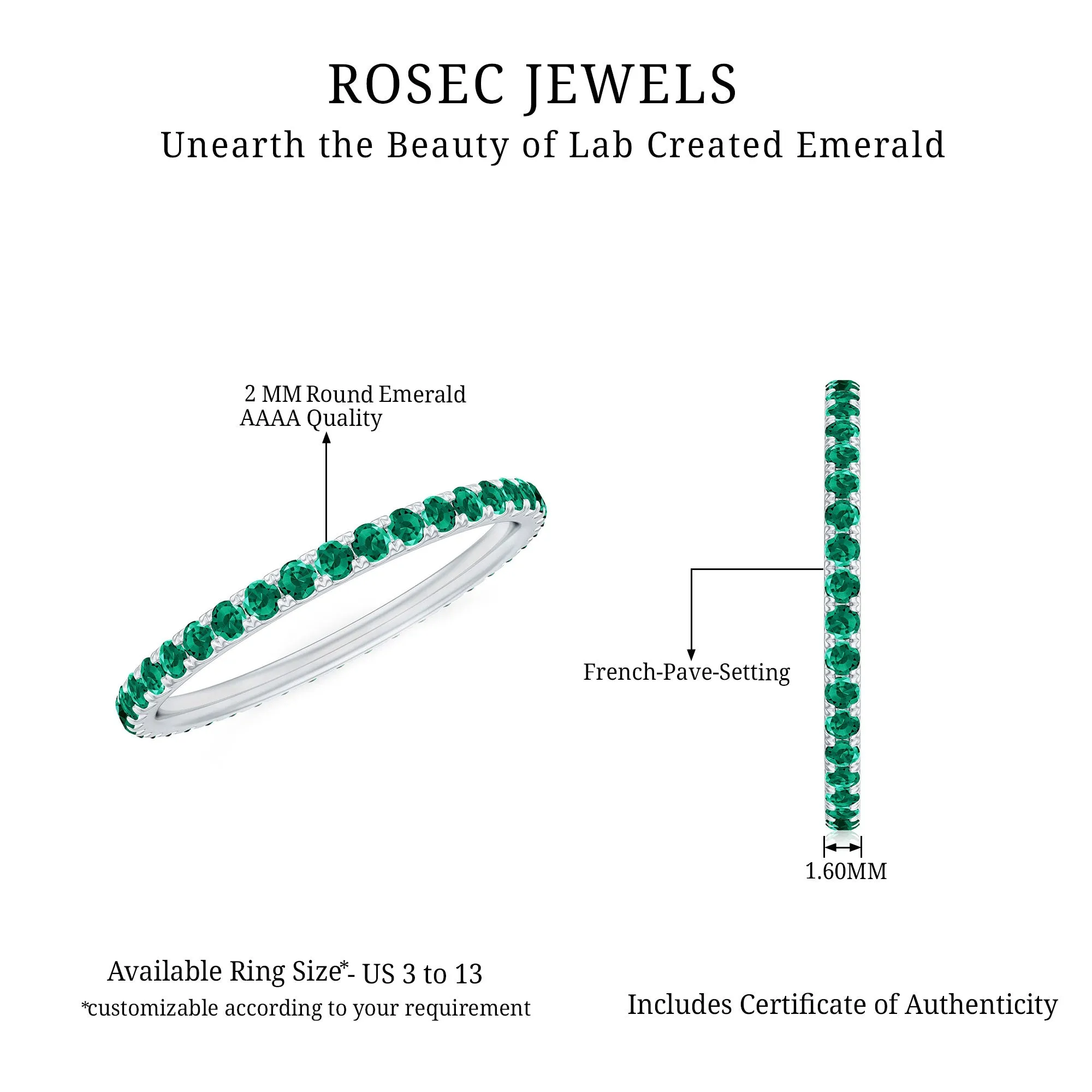 1.5 CT Created Emerald Stackable Eternity Band Ring