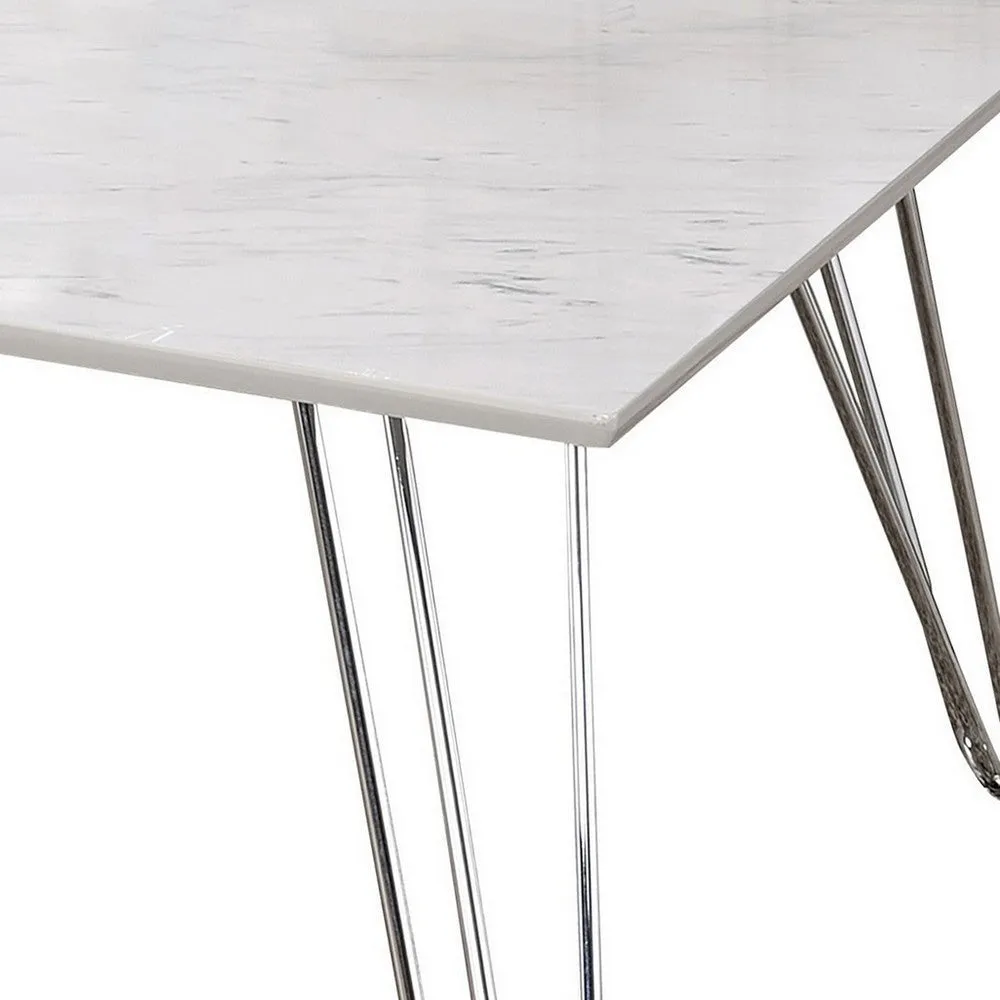 36 Inch Square Coffee Table with White Faux Marble Top, Chrome Hairpin Legs By Casagear Home