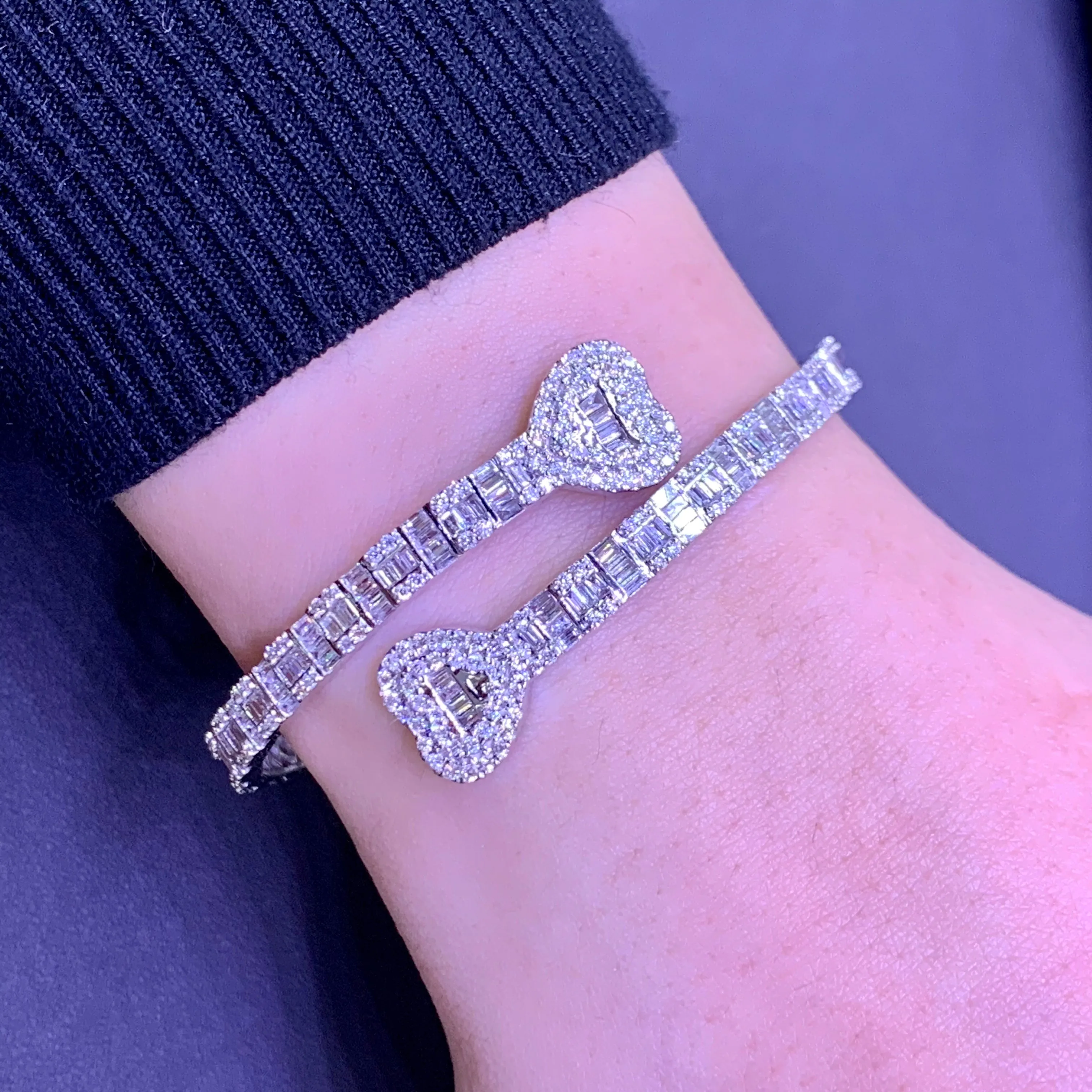 4ct Baguette and Round Diamond 14k Gold Twin Hearts Bangle Bracelet