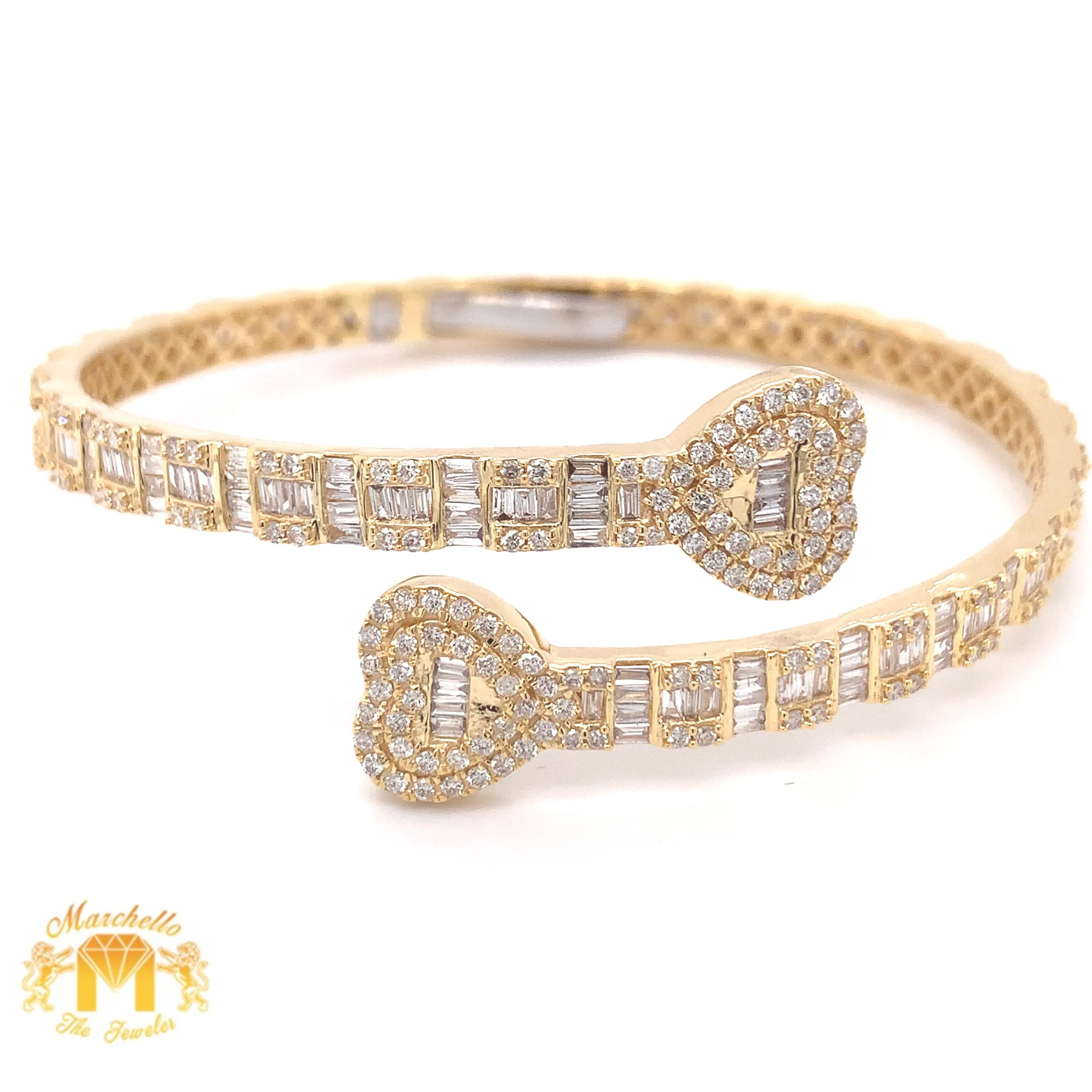 4ct Baguette and Round Diamond 14k Gold Twin Hearts Bangle Bracelet