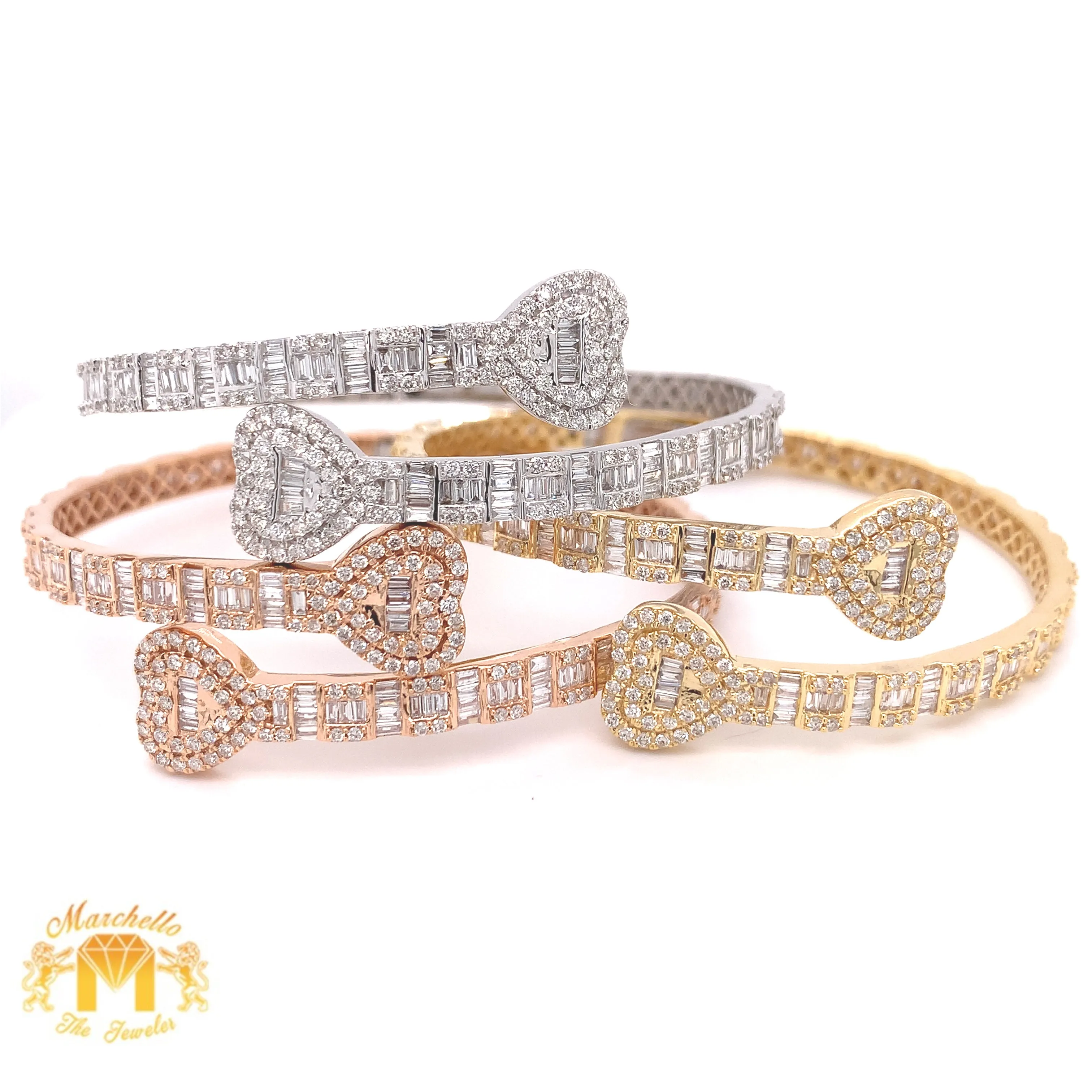 4ct Baguette and Round Diamond 14k Gold Twin Hearts Bangle Bracelet