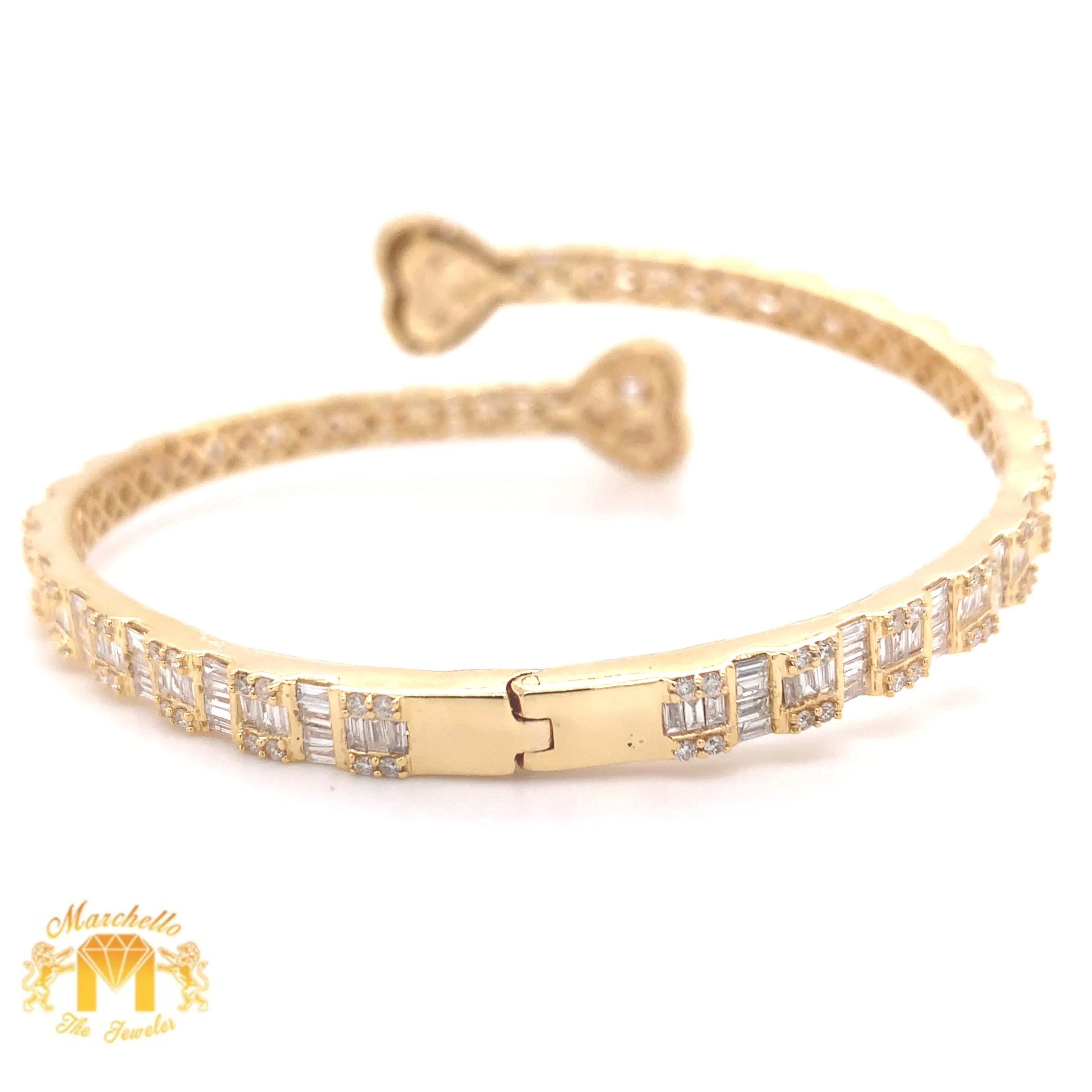 4ct Baguette and Round Diamond 14k Gold Twin Hearts Bangle Bracelet