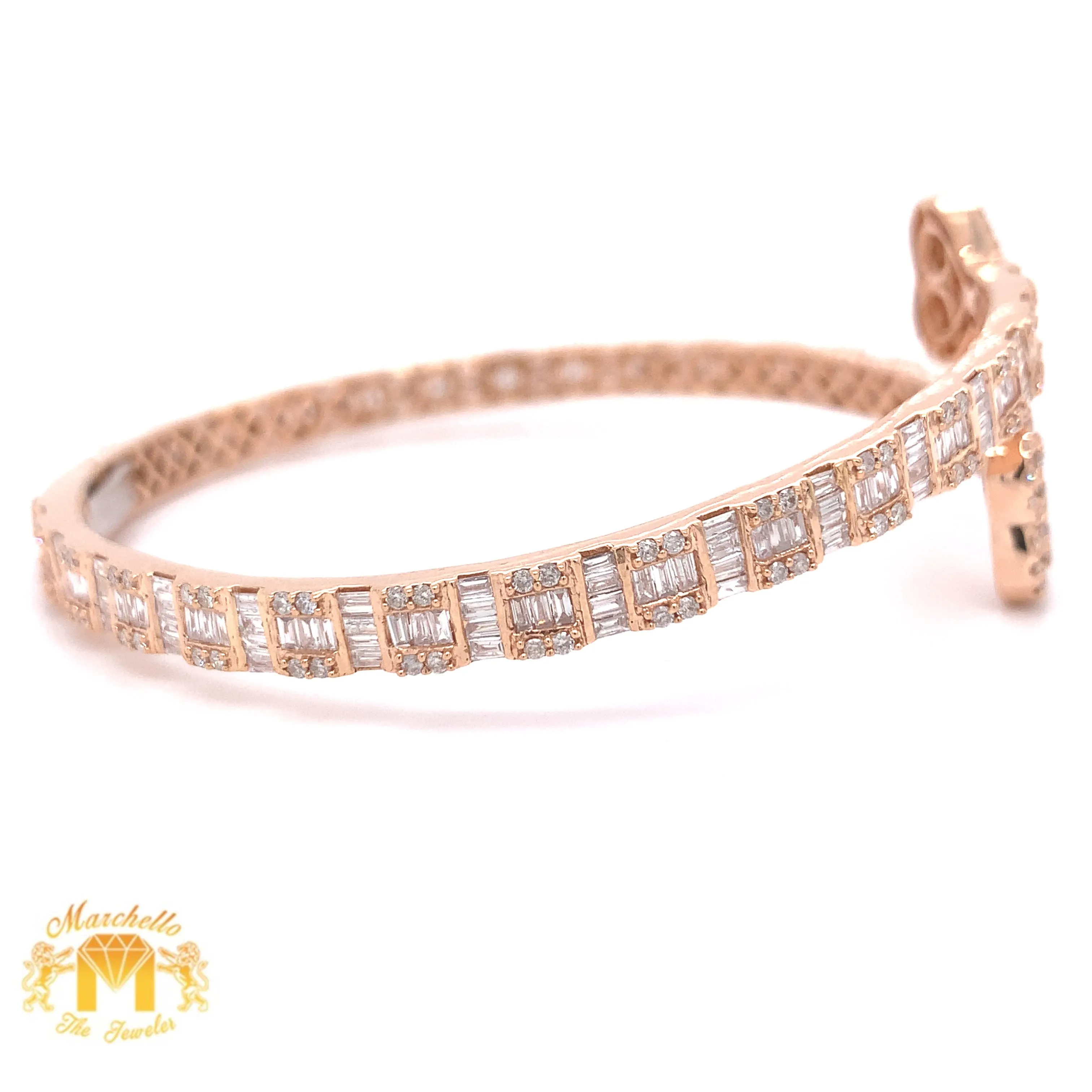 4ct Baguette and Round Diamond 14k Gold Twin Hearts Bangle Bracelet