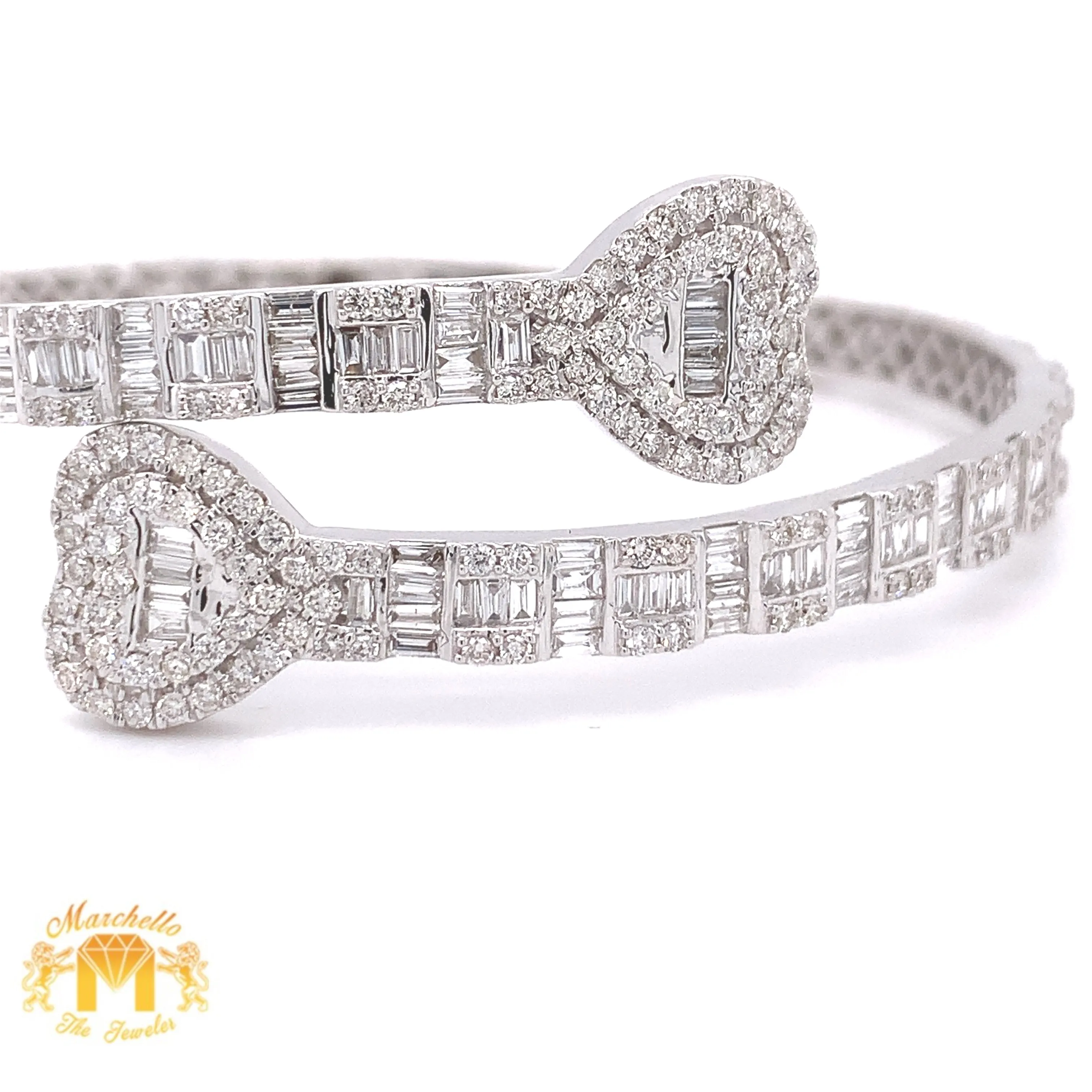 4ct Baguette and Round Diamond 14k Gold Twin Hearts Bangle Bracelet