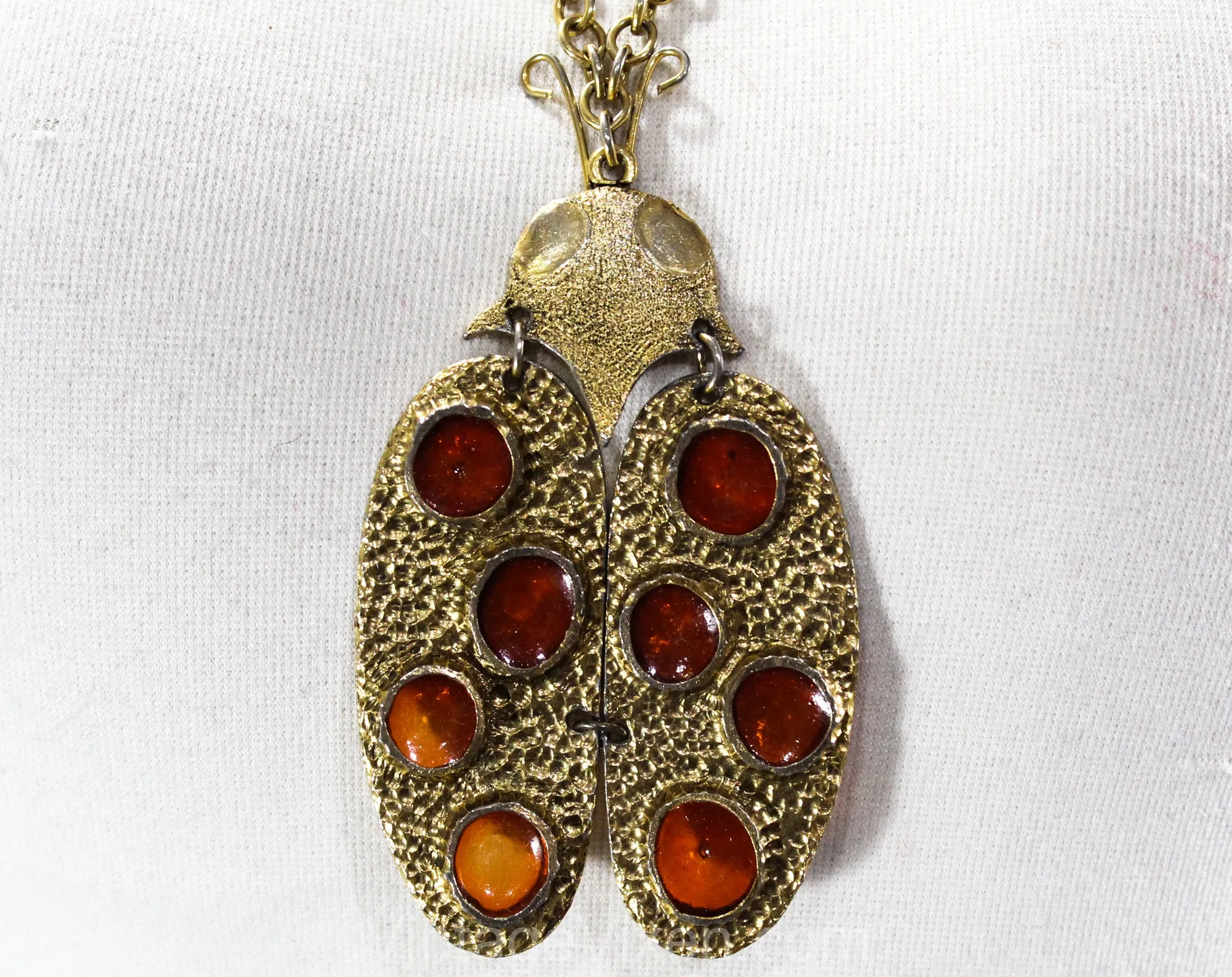 70s Pendant Necklace - Novelty Ladybug Design with Jointed Moveable Parts - Goldtone Metal Insect - Amber Spotted Bug - 1960s 1970s Jewelry