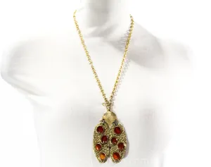 70s Pendant Necklace - Novelty Ladybug Design with Jointed Moveable Parts - Goldtone Metal Insect - Amber Spotted Bug - 1960s 1970s Jewelry