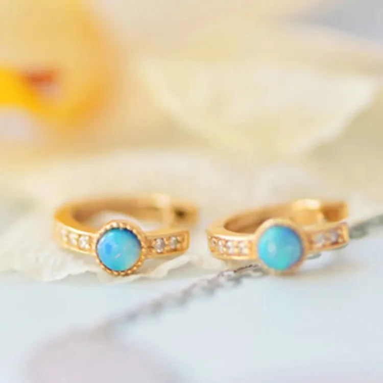 925 Sterling Silver Hoop Earrings Charm Jewelry - Mini Round Opal Zircon - Xm300