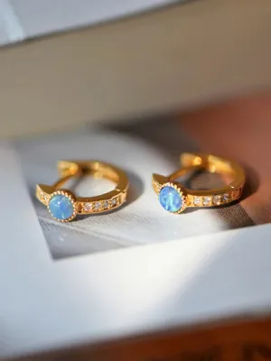 925 Sterling Silver Hoop Earrings Charm Jewelry - Mini Round Opal Zircon - Xm300