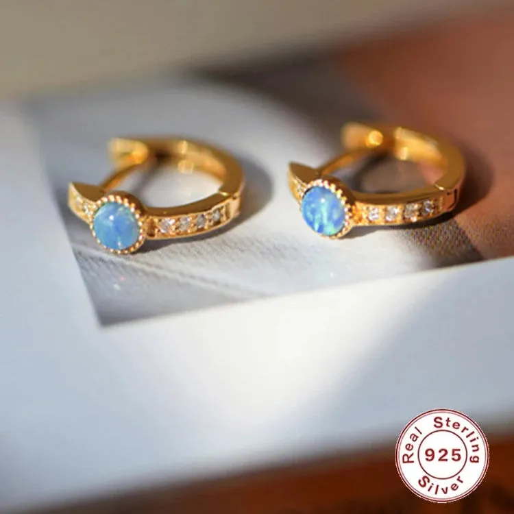 925 Sterling Silver Hoop Earrings Charm Jewelry - Mini Round Opal Zircon - Xm300
