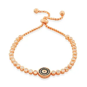 925 Sterling Silver Rose Gold-Tone White Bezel-Set CZ Evil Eye Womens Link Chain Bracelet