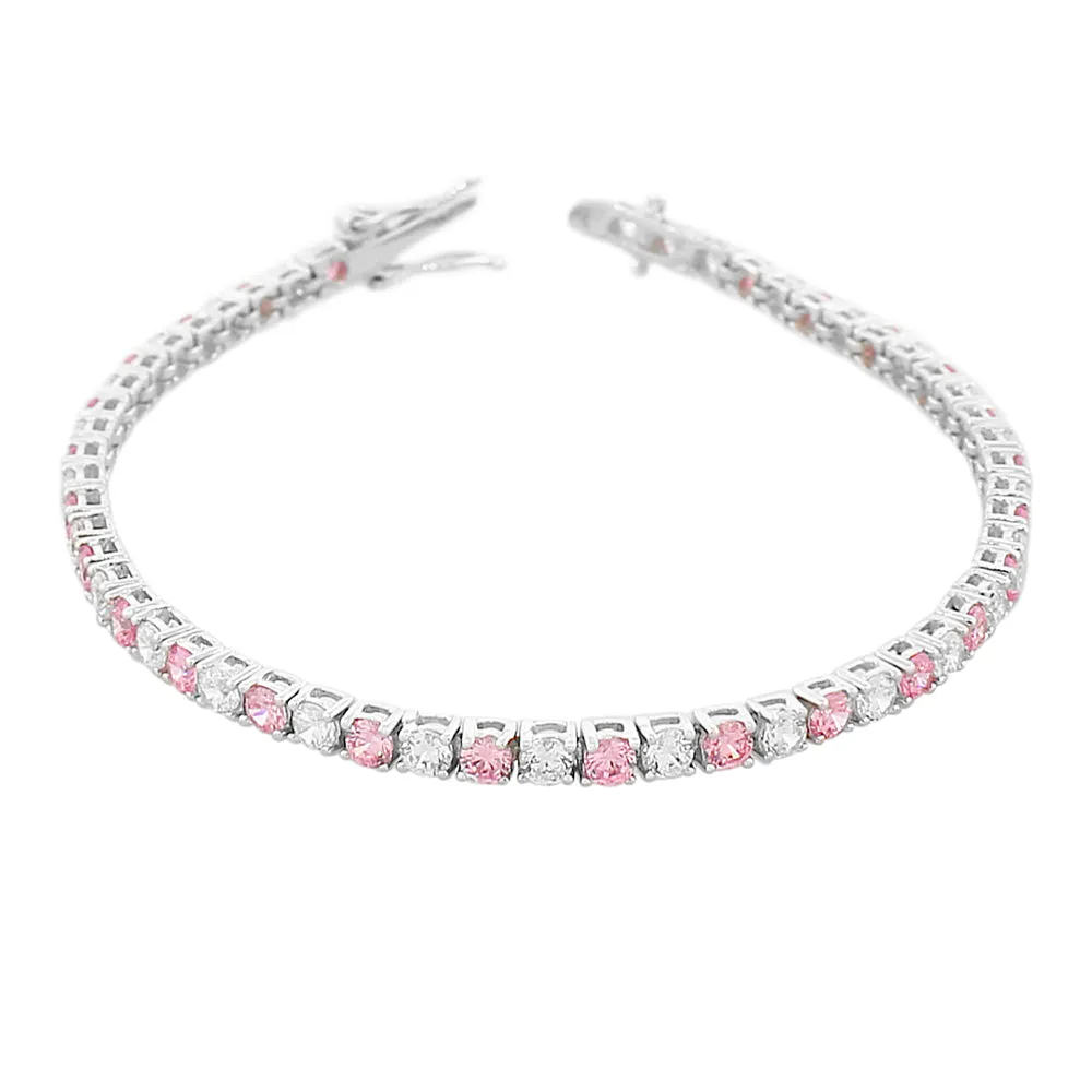 925 Sterling Silver Round White Pink CZ Classic Tennis Bracelet