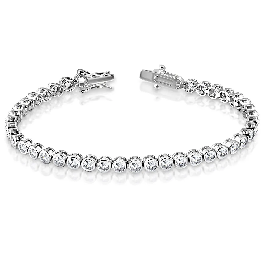 925 Sterling Silver White Clear CZ Bezel-Set Tennis Bracelet, 7"
