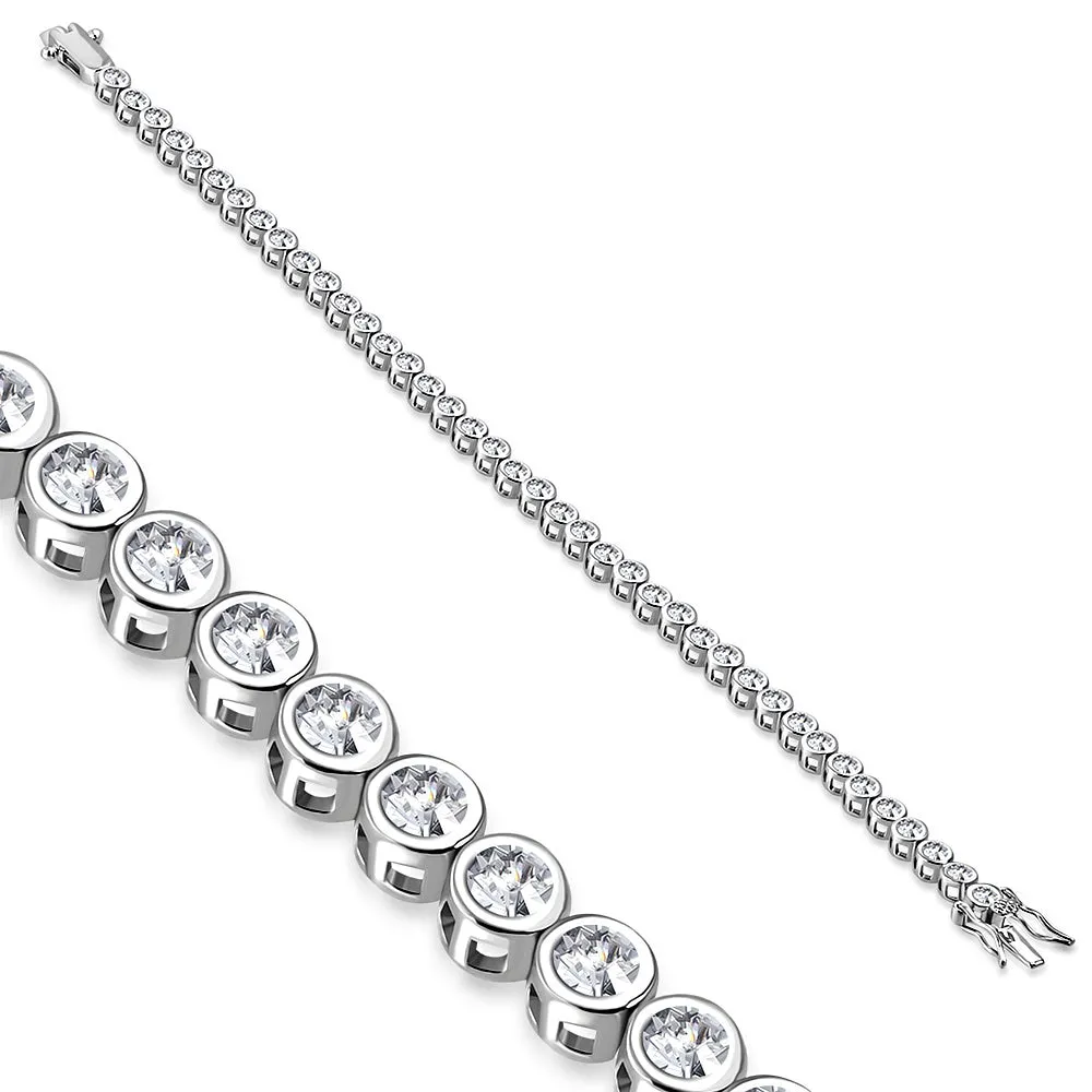 925 Sterling Silver White Clear CZ Bezel-Set Tennis Bracelet, 7"