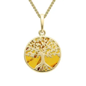 9ct Yellow Gold Amber Small Round Tree Of Life Necklace
