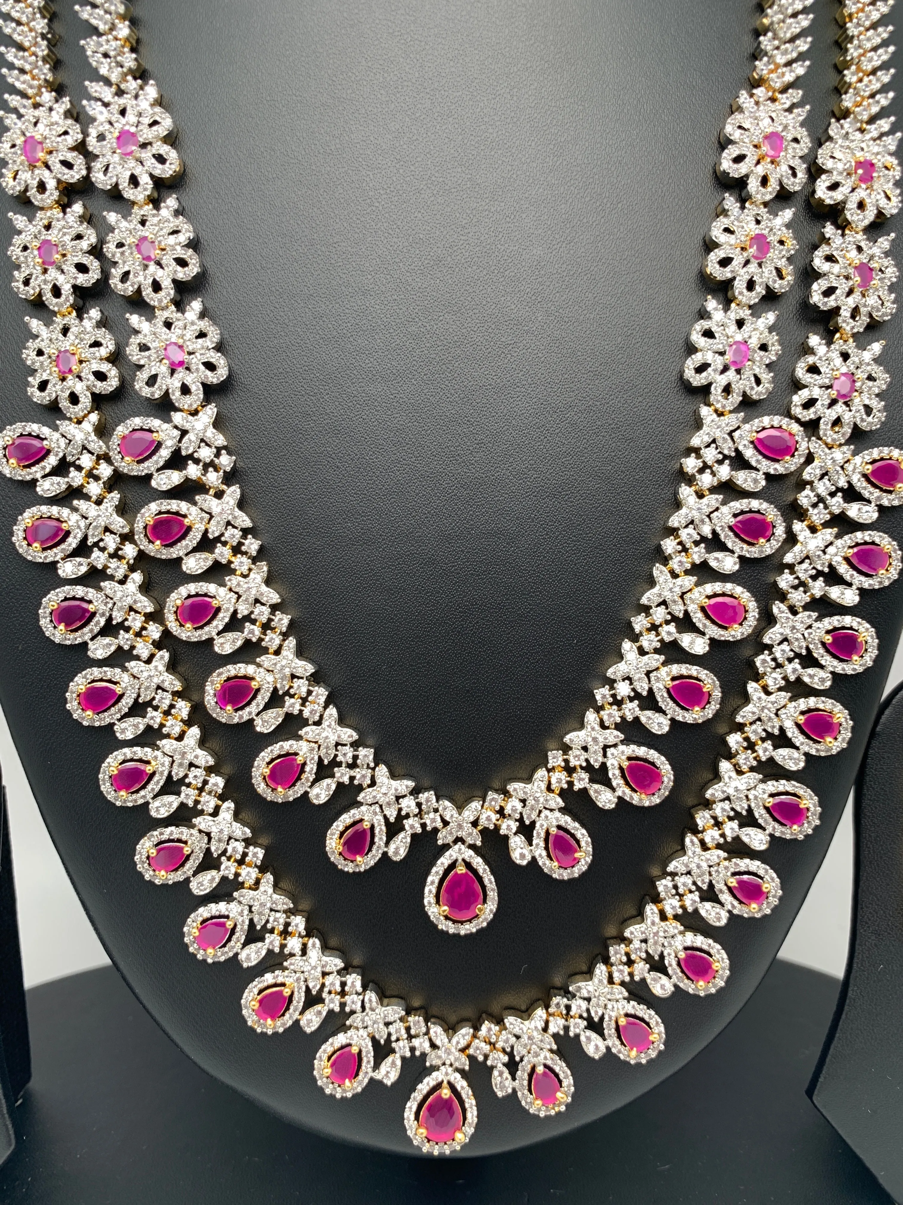 AD Ruby Red Stone Double Layer Short Mid Length Necklace