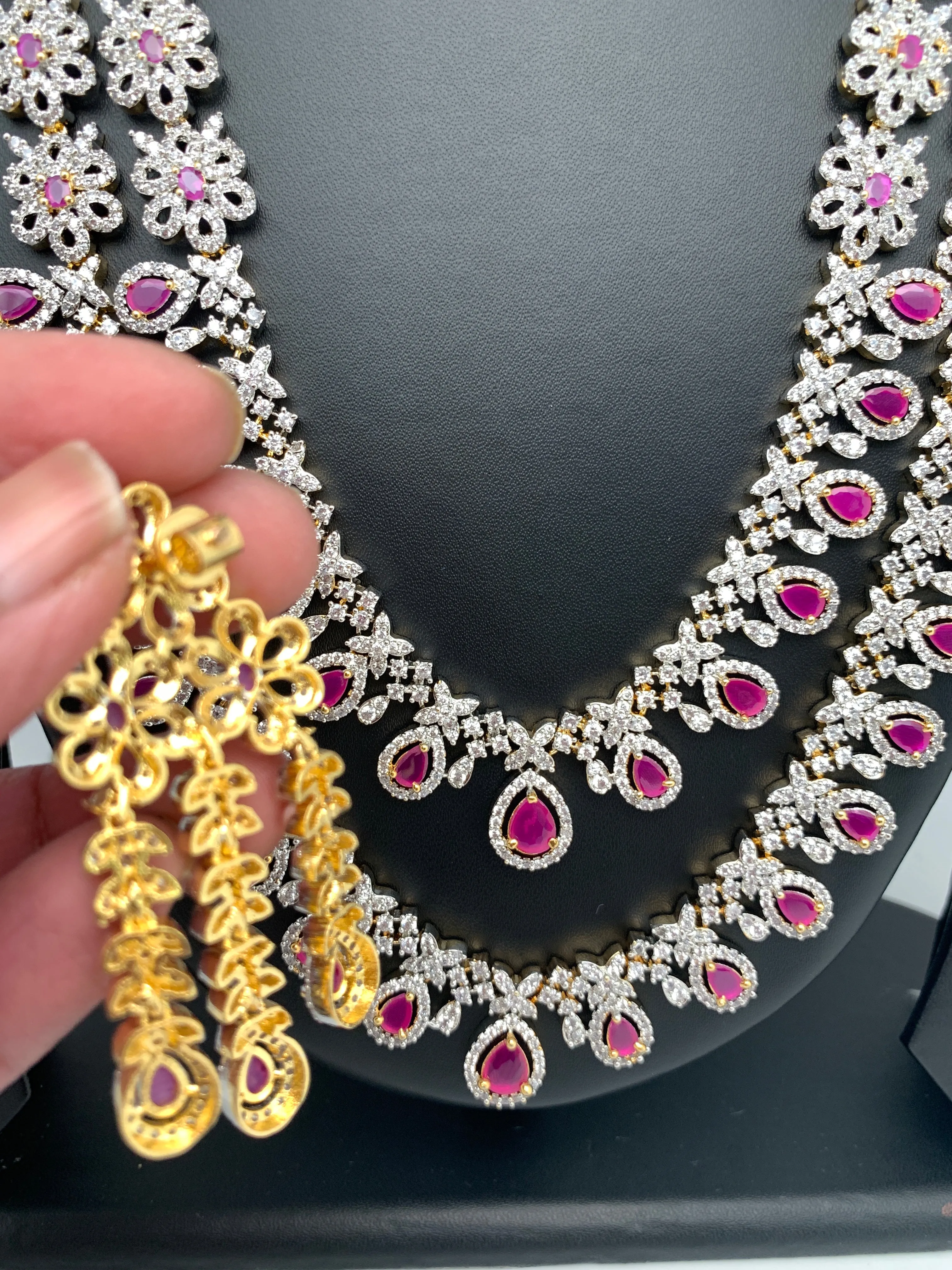 AD Ruby Red Stone Double Layer Short Mid Length Necklace