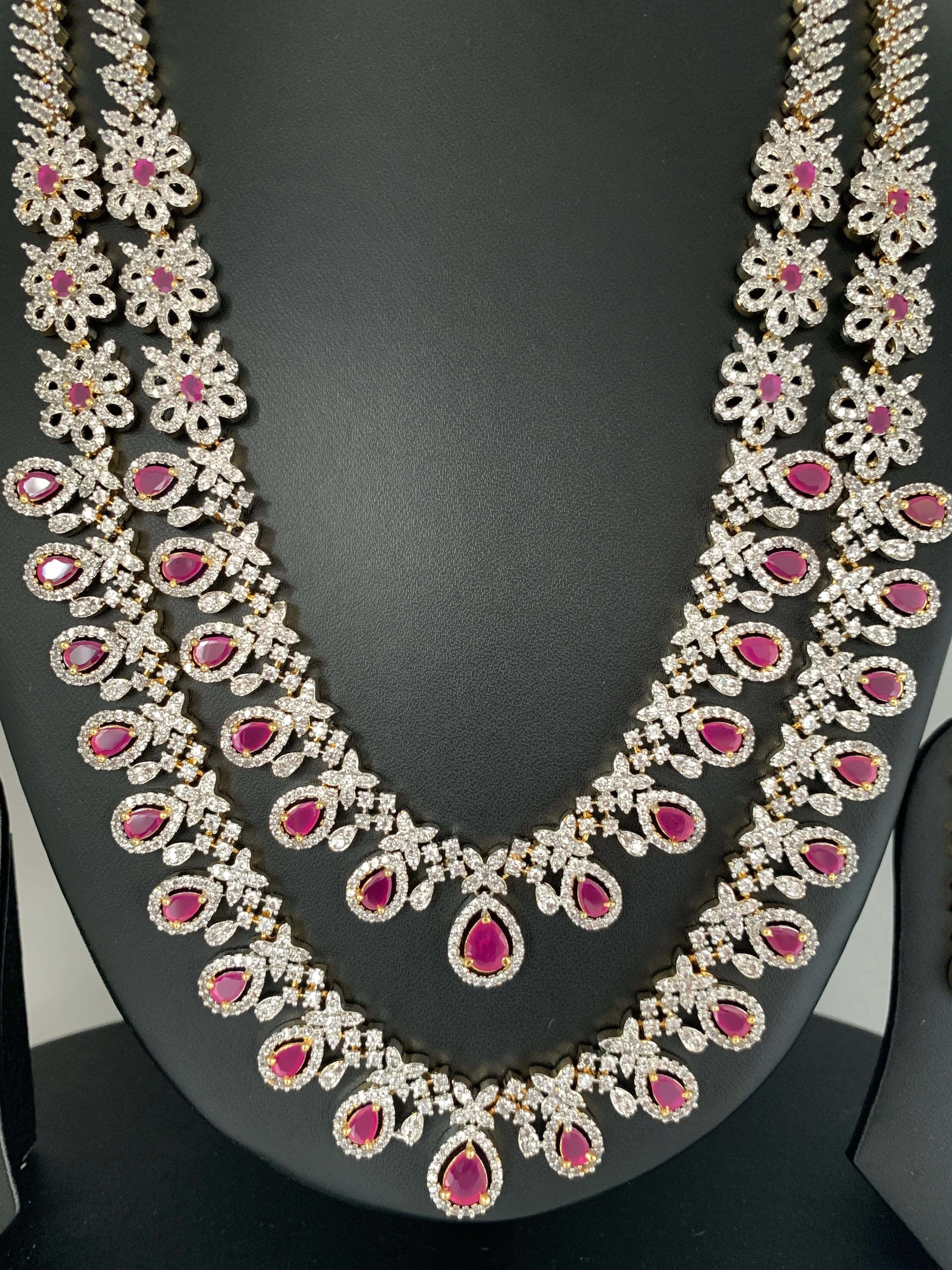 AD Ruby Red Stone Double Layer Short Mid Length Necklace