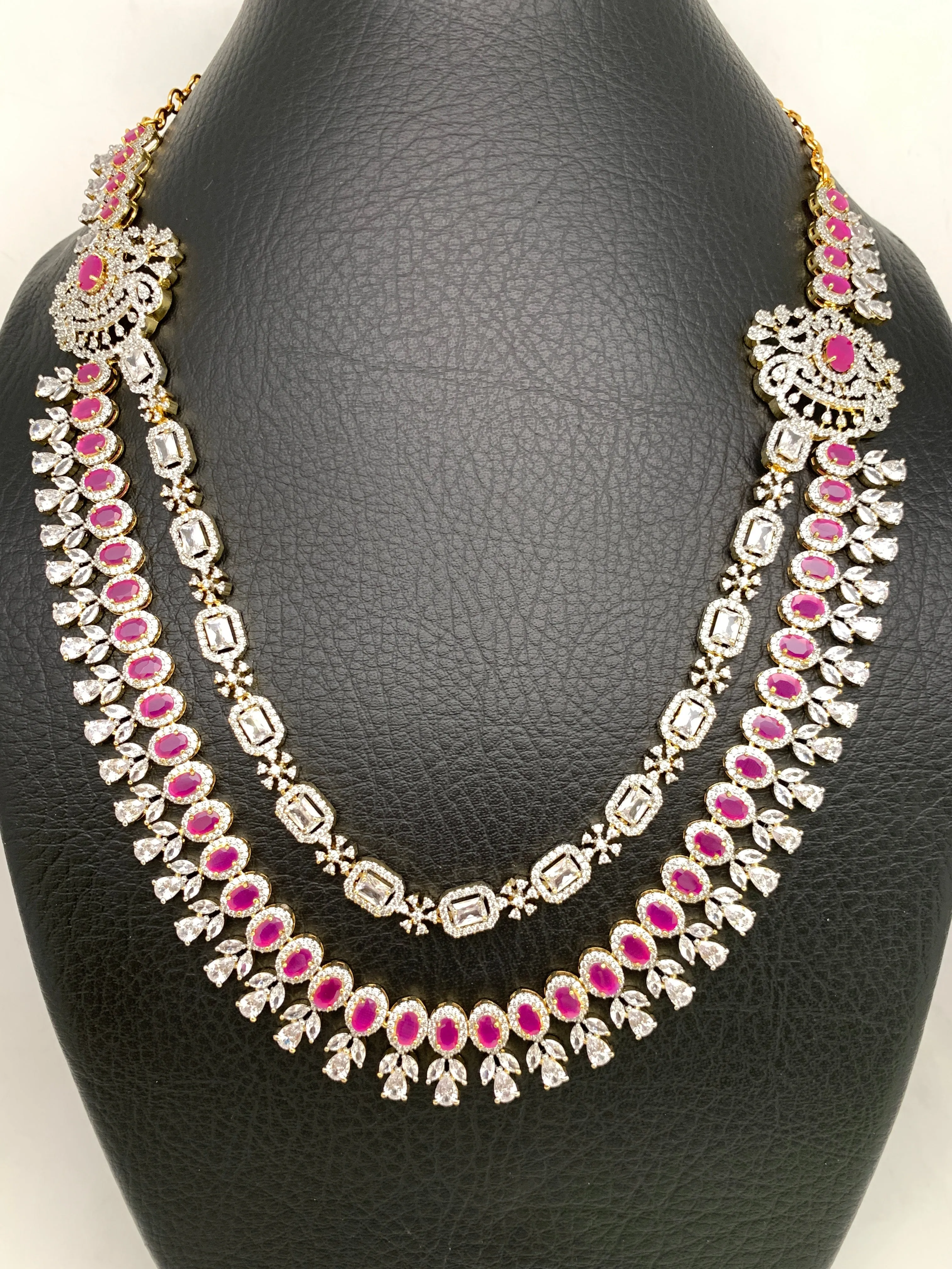 AD Ruby Red Stone Double Line Long Necklace
