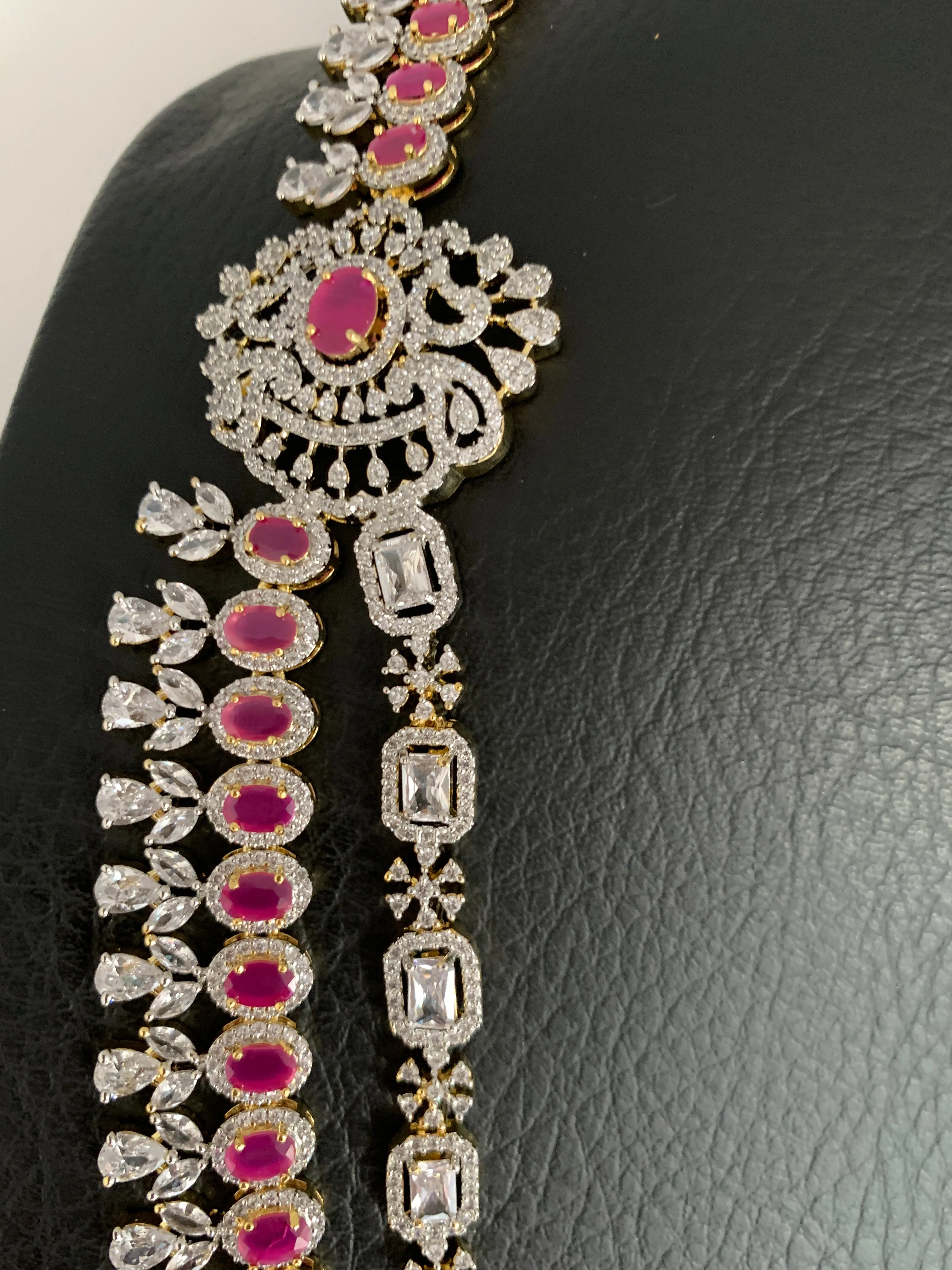 AD Ruby Red Stone Double Line Long Necklace