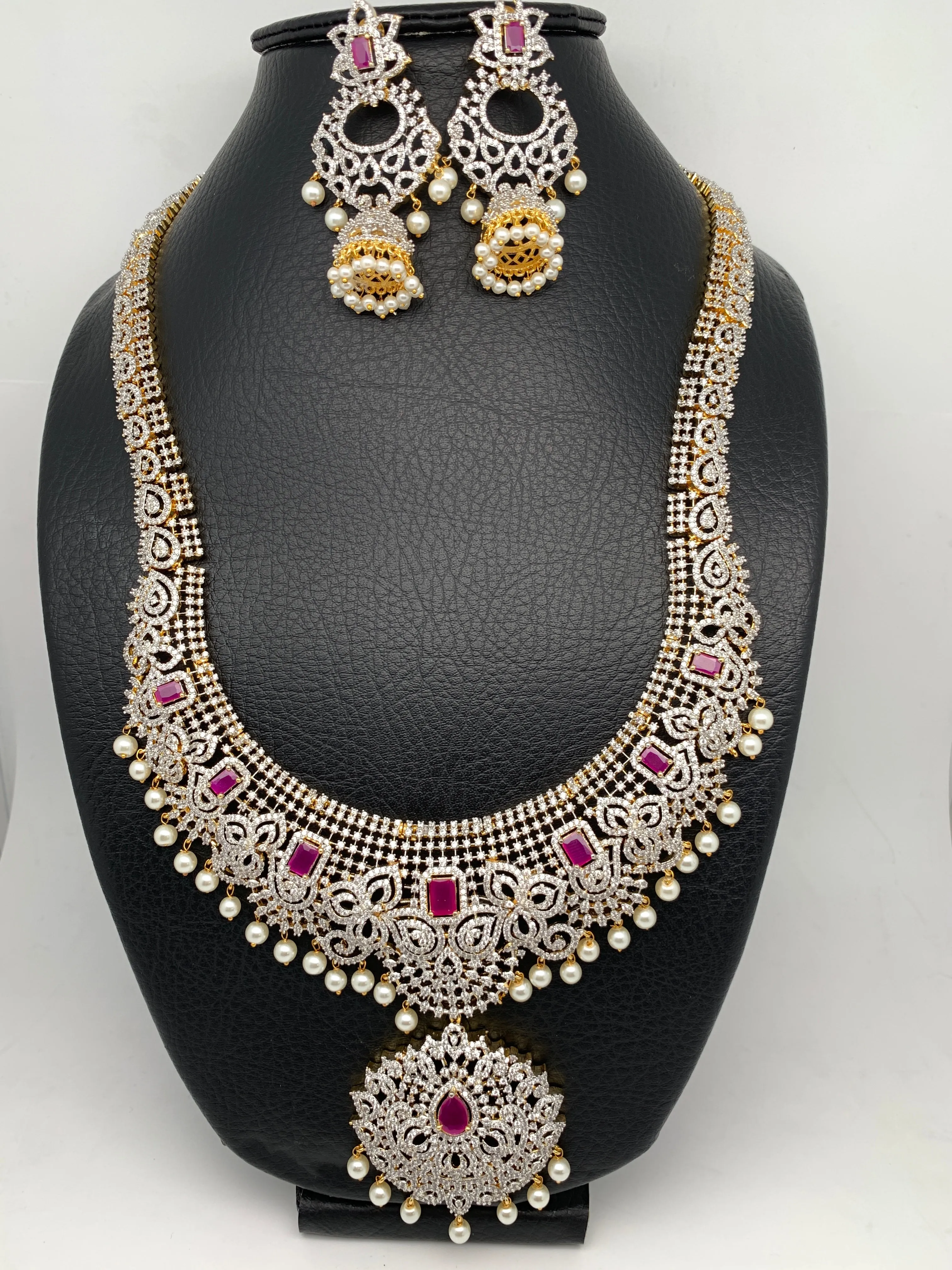 AD Ruby Red Stone Dual Tone Long Necklace
