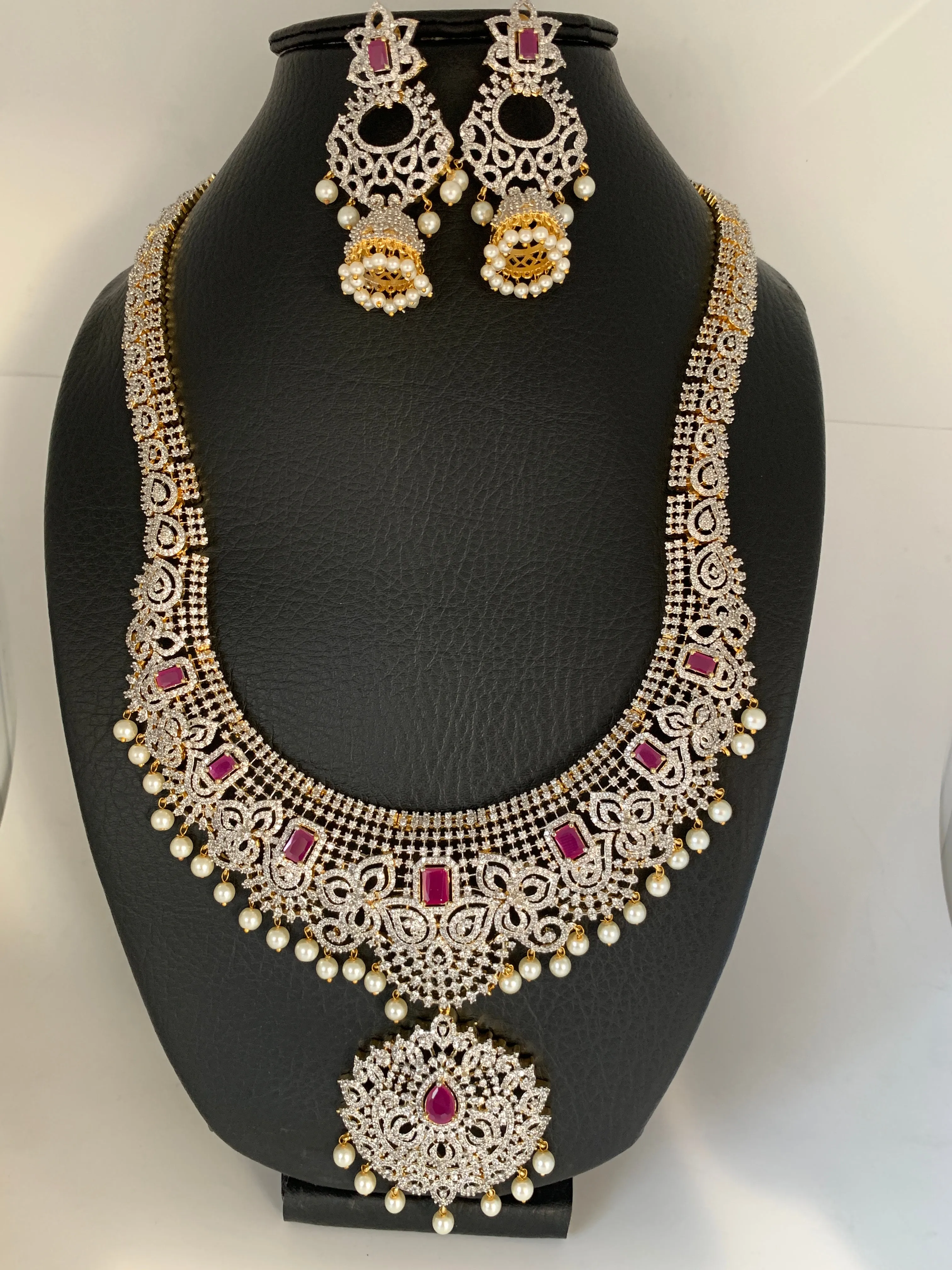 AD Ruby Red Stone Dual Tone Long Necklace
