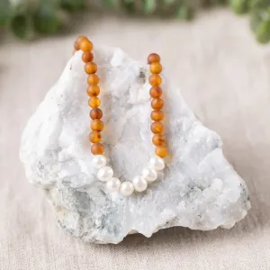 Adults | Freshwater Pearl   Raw Cognac Amber Necklace