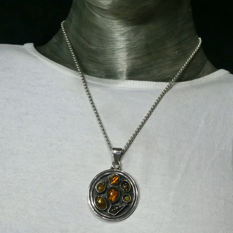 Amber Pendant, Mediaeval Style Disc with Seven Cabochons, 925 Sterling Silver