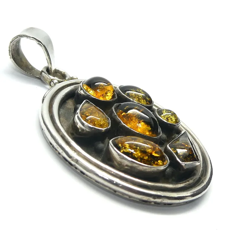 Amber Pendant, Mediaeval Style Disc with Seven Cabochons, 925 Sterling Silver