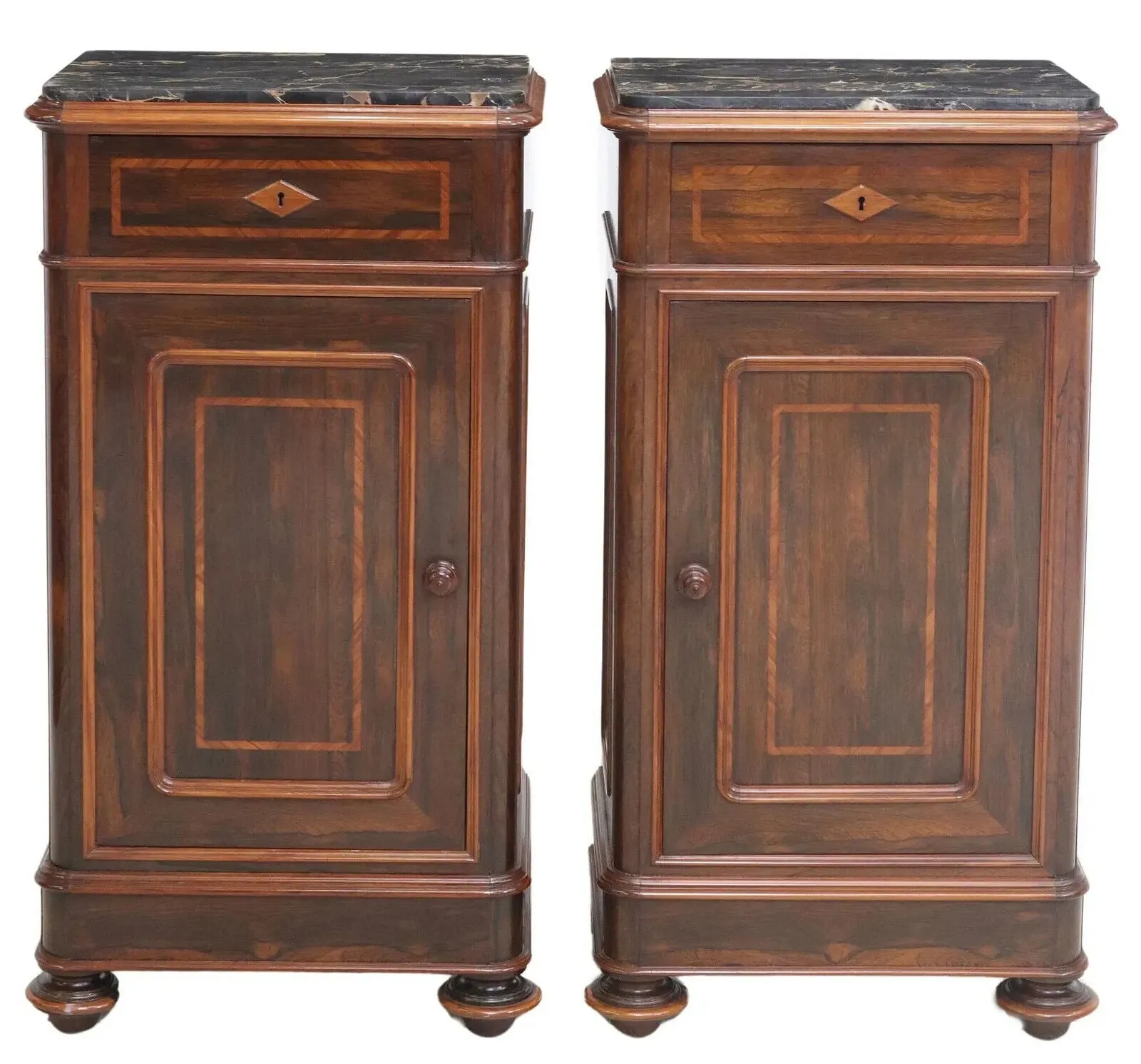 Antique Bedside Cabinets, (2) Italian Inlaid Rosewood, Marble-Top , Early 1900s!
